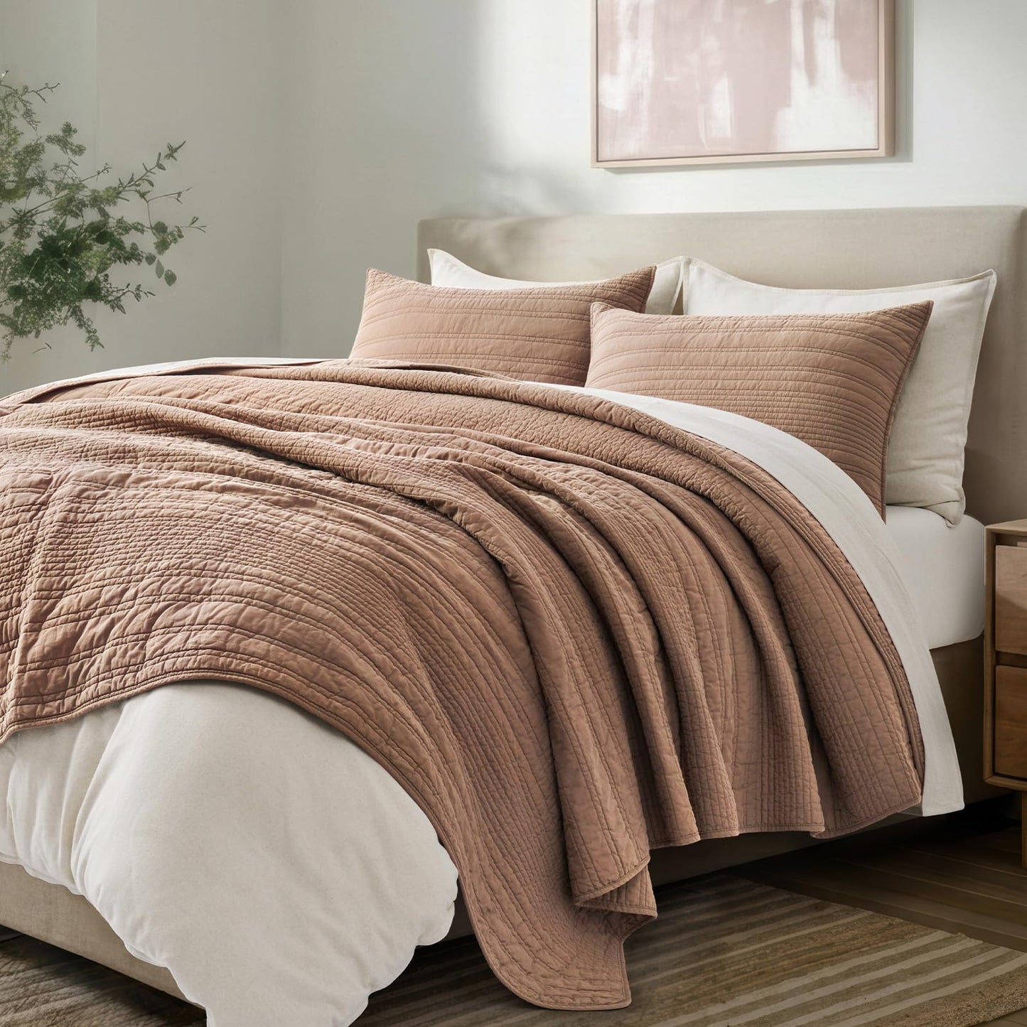 EVERGRACEHOME 100% Cotton Modern Lines Quilt Set King Size, Pre-Washed Soft Striped Coverlet Bedspread, 3 Piece Lightweight Bedding Set for All Season, with 2 Pillow Shams, Rose Dust