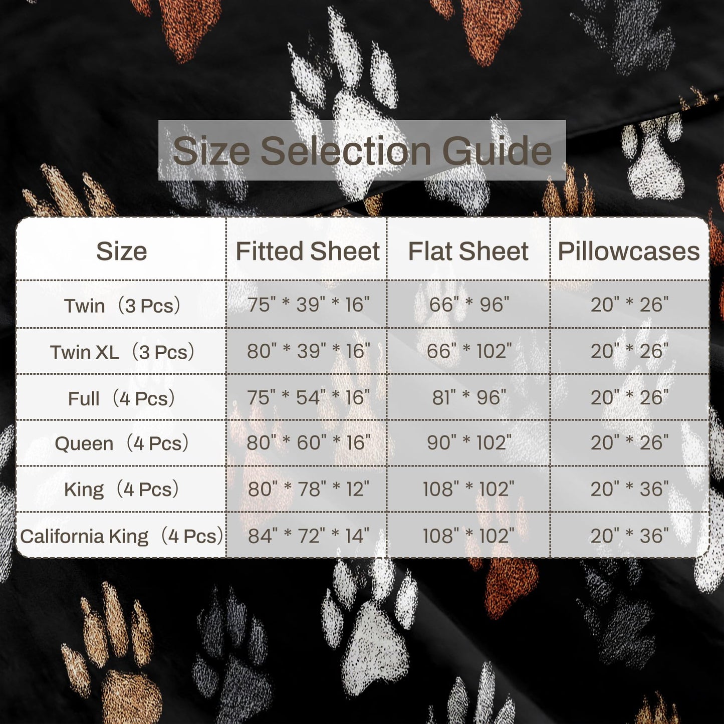 Cat Paw Print King Sheet Set 4 Pcs Dog Paw Bed Sheets, Black