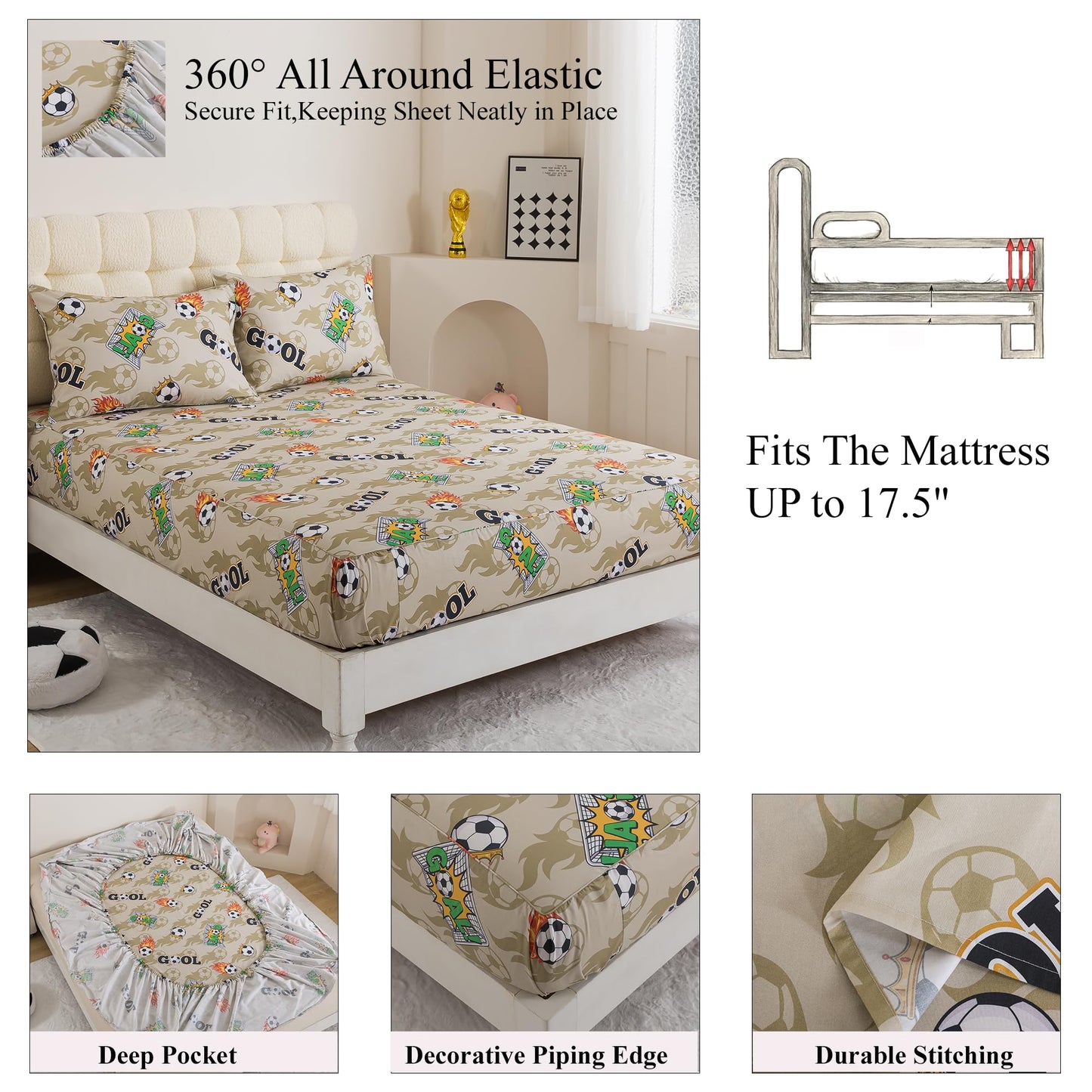 FADFAY 100% Cotton Sheets Set King, Soft Breathable Soccerr Bedding Set, Sage Green
