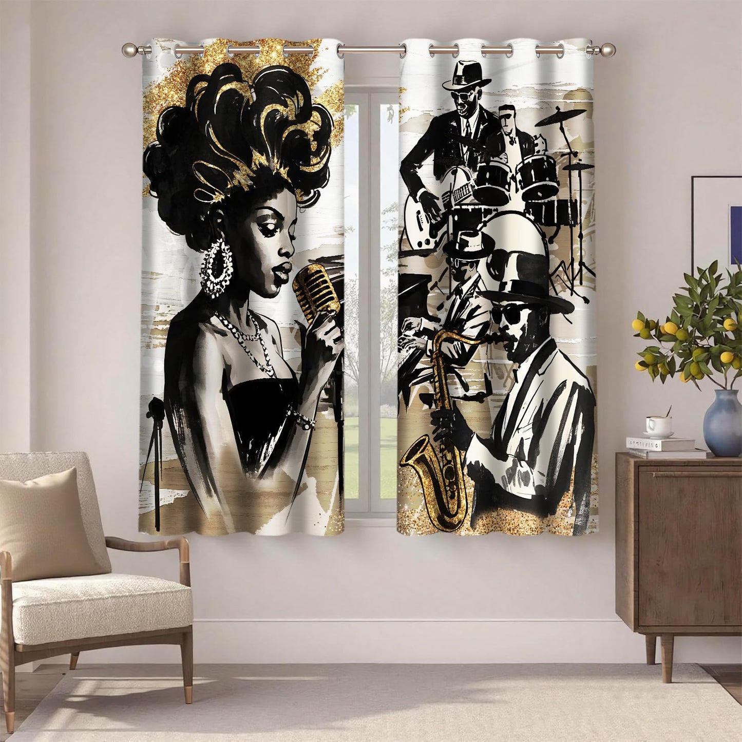 HIYSMT American Woman Jazz Music Curtains African Black Girl Singing Jazzist Band Blackout Curtain Afrocentric Black Gold Modern Art Treatments for Music Room Bedroom 4263inch 2Panel HI033DX