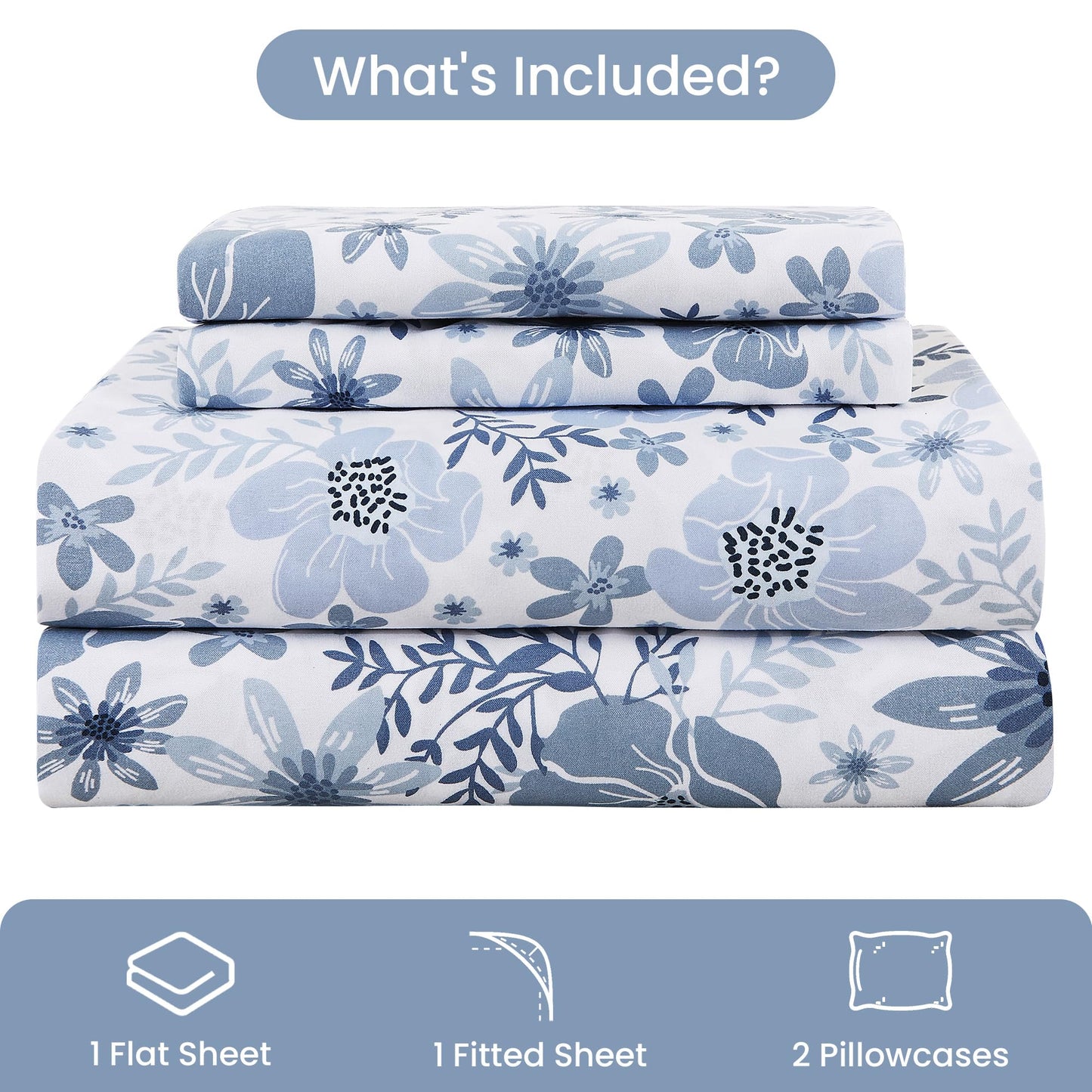 Mooreeke Full Size Sheets Set - 4 Piece Soft Breathable Microfiber Bed Sheet Set - Blue & White Flower Pattern Sheet Set Full - Deep Pocket Non-Slip Floral Fitted Sheet Included for All Season