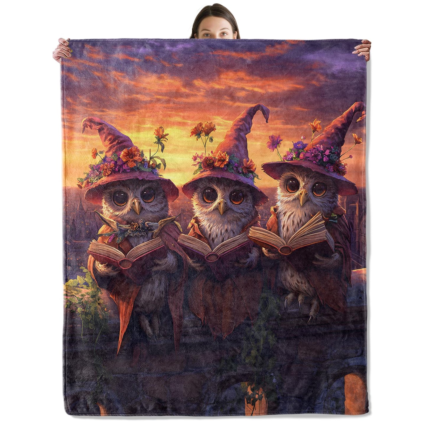 wyxdwh Magical Owl Witches Blanket, Cozy Flannel Owls in Witch Hats Throw Blanket for Couch Outdoor, Plush Soft Lightweight Travel Blankets for Bed Decor and Gifts, for Women Men Adults Kids 50"x60"