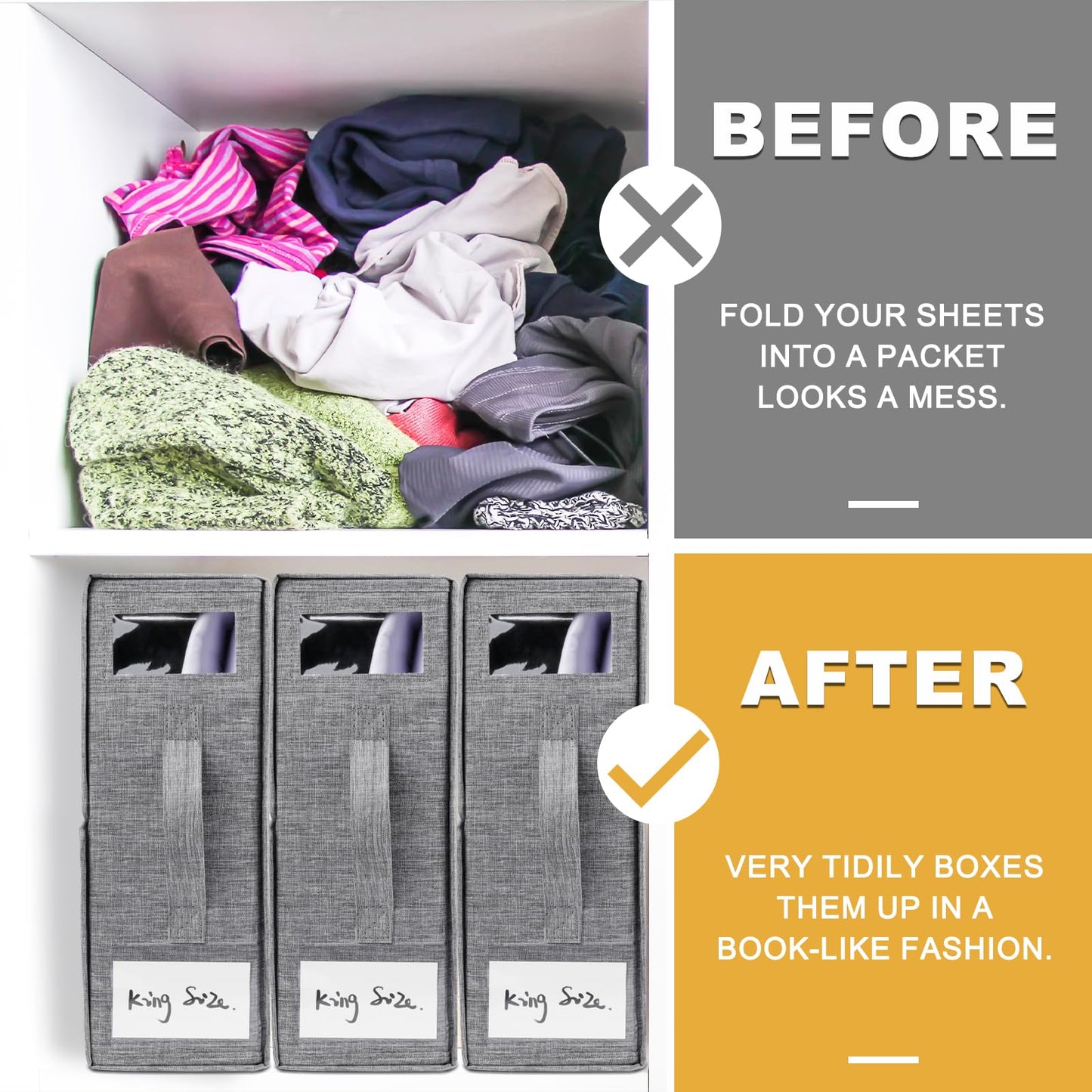 Cosybreeze Bed Sheet Organizers and Storage, Foldable Bed Sheet Set 4 Pack Twin/Full/King/Queen Size Organizing Bedding Container Linen Closet Organizer for Duvet Covers Clothes Towels, Grey