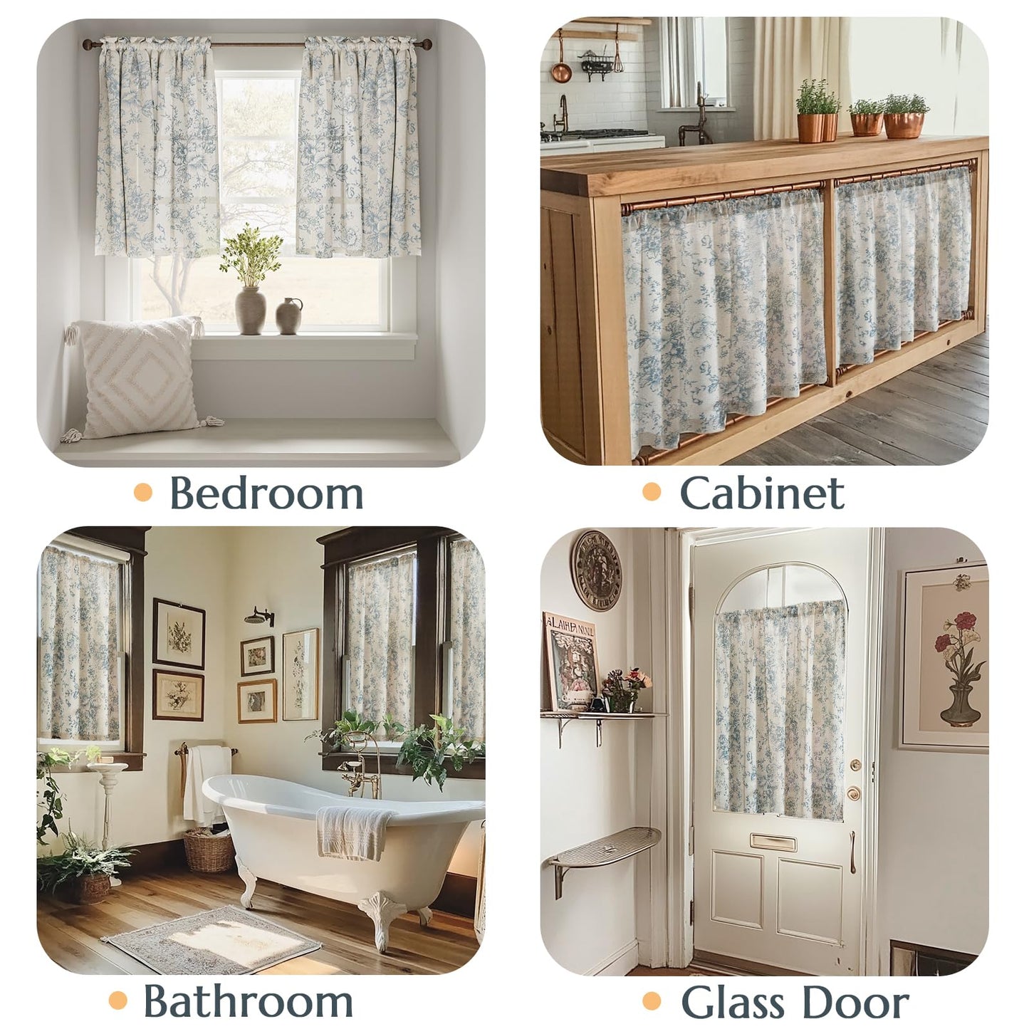 jinchan Floral Linen Tier Curtains Blue Flower on Beige Cafe Curtains 36 Inch Length Kitchen Living Room Bedroom Bathroom Farmhouse Rustic Country Rod Pocket 2 Panels