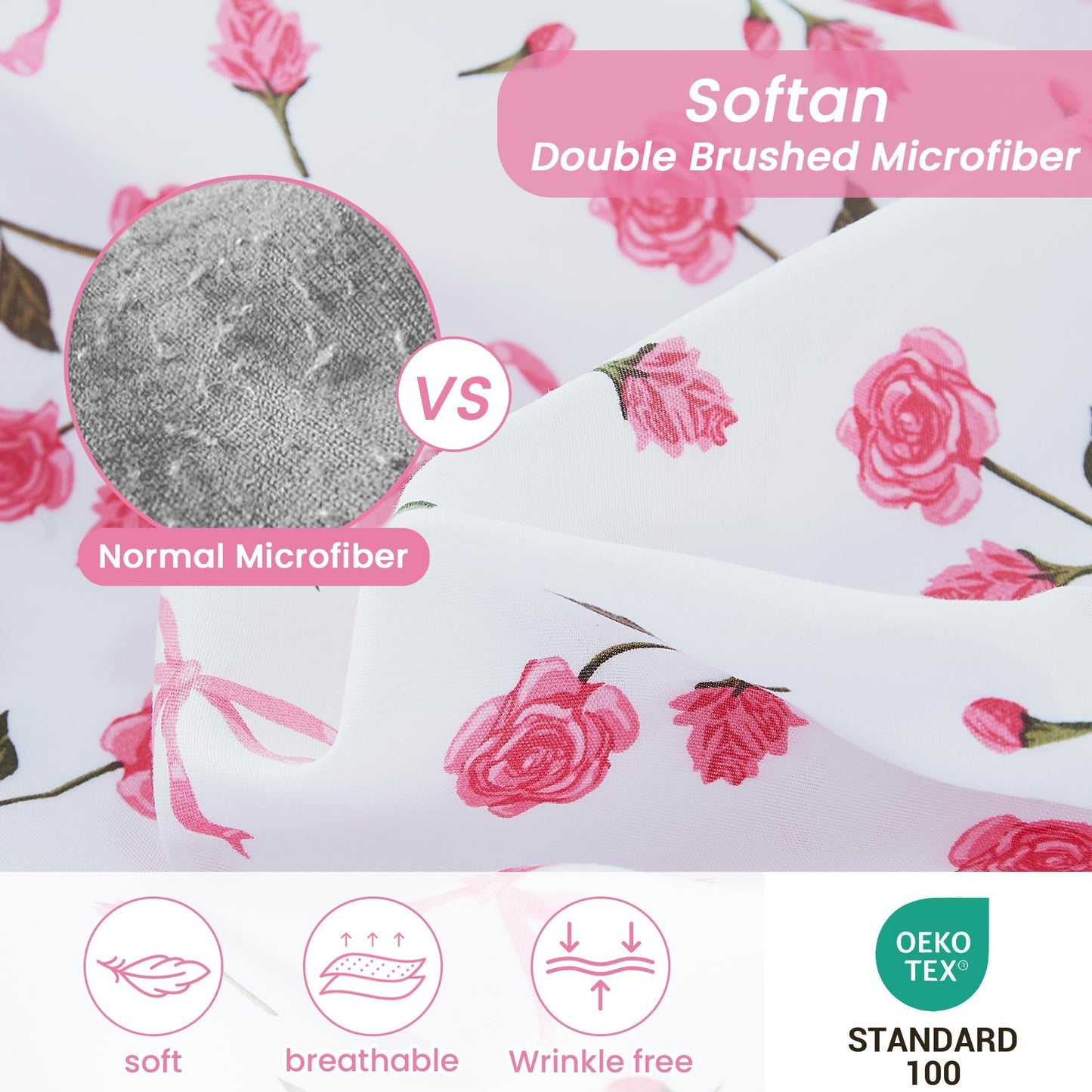 Softan Pink Floral Full Bed Sheets, Cozy Microfiber Flower Printed Sheets with 15" Deep Pocket Fitted Sheet & Non-Slip Straps, Patterned Pink Rose - Bow Sheets & Pillowcase Set