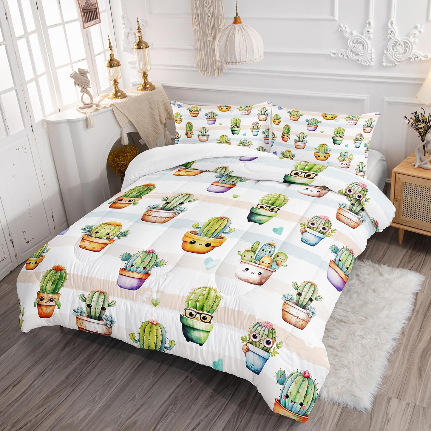 AILONEN Cute Cactus Comforter Set Queen Size, Funny Cartoon Style Succulent Plant Bedding Set for Kids Girls,Mexican Nature Hipster Humor Print Bed in a Bag,1 Quilt Set 2 Pillowcases,3 PCS