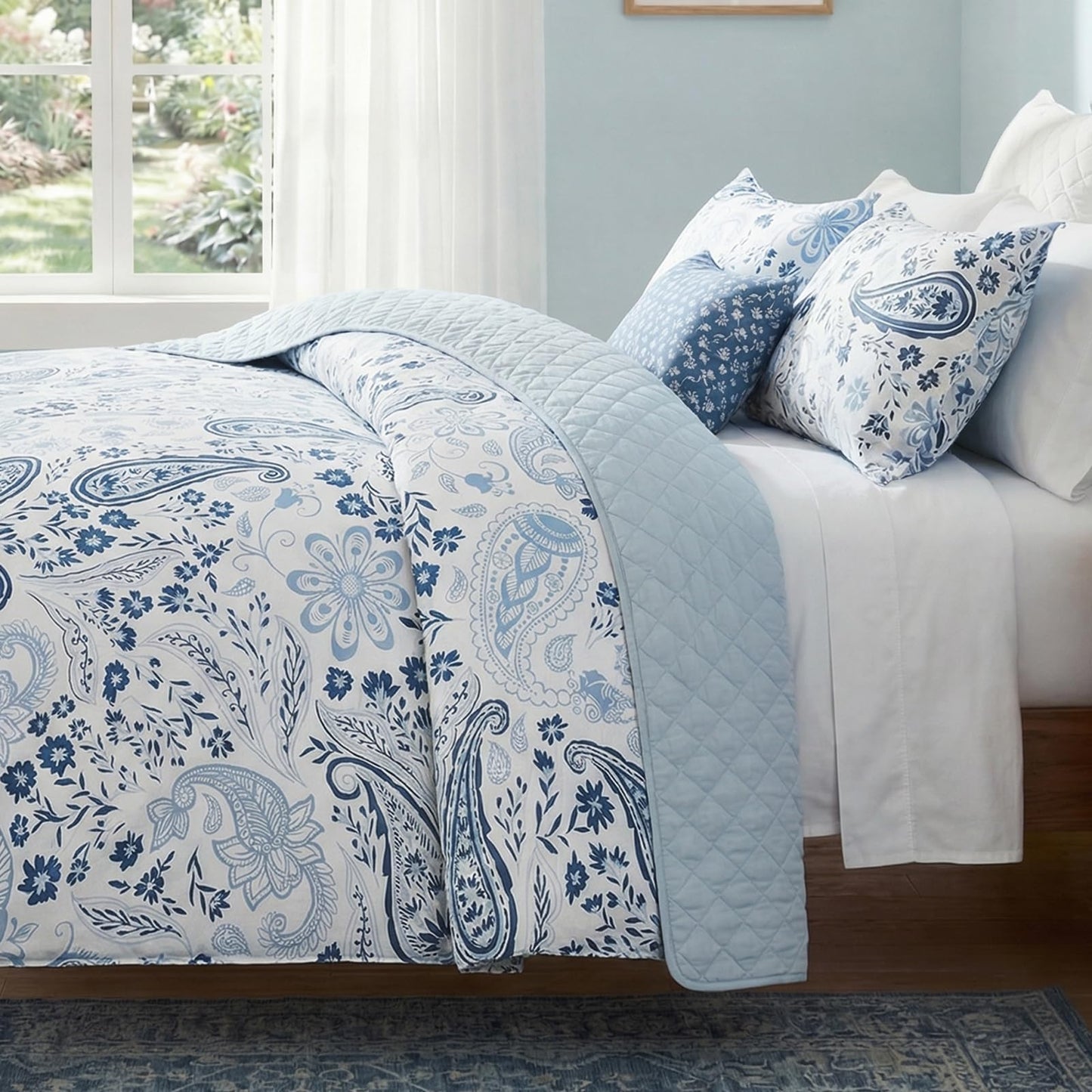 Bedorm 100% Cotton Duvet Cover Set Blue Paisley Bedding Set Vintage Paisley Floral Design Boho Chic Bedding 3 Pcs Soft, Breathable & Durable Duvet Cover with Zipper Closure