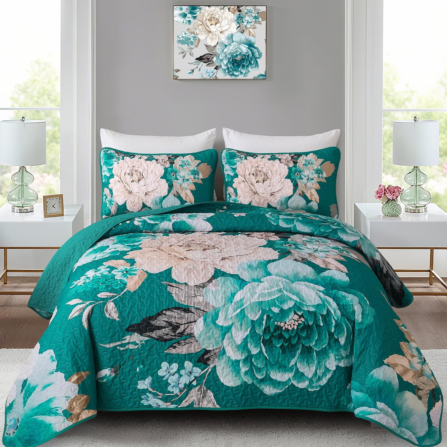 WONGS BEDDING Teal Boho Floral Quilt Set Queen, Elegant Flower Bedspread Coverlet Set for All Season, 3 Pieces Farmhouse Lightweight Reversible Bedding Set with 2 Pillow Shams 96"X90"