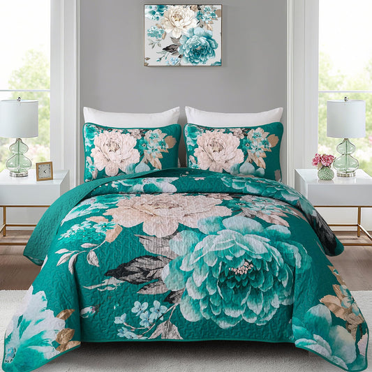 WONGS BEDDING Teal Boho Floral Quilt Set Queen, Elegant Flower Bedspread Coverlet Set for All Season, 3 Pieces Farmhouse Lightweight Reversible Bedding Set with 2 Pillow Shams 96"X90"