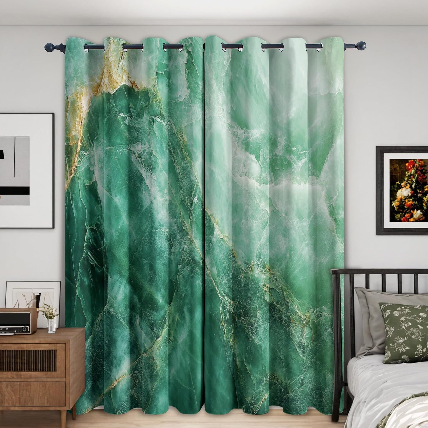 MOBEITI Green and Gold Marble Curtains - Abstract Window Curtains, Fluid Art Swirl Curtain for Bedroom Living Room, Marble Blackout Curtain 54 Inches Long, Home Decor Drapes 2 Panel Sets