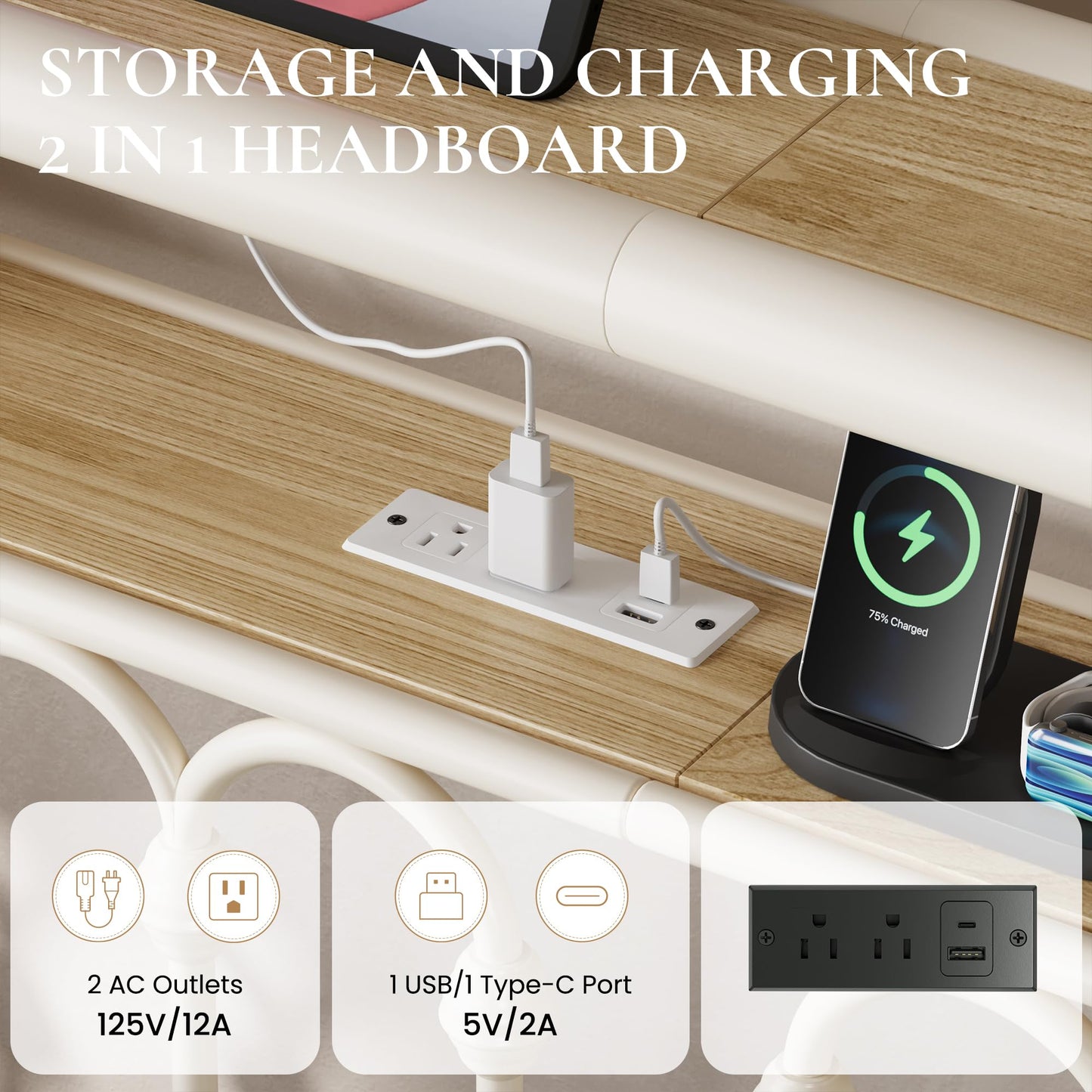 SHA CERLIN Twin Size Daybed, Metal Sofa Bed Frame with Double-Layer Storage Headboard, LED Lighting & USB Charging Ports, Steel Slat Support, White, for Living Room/Guest Room