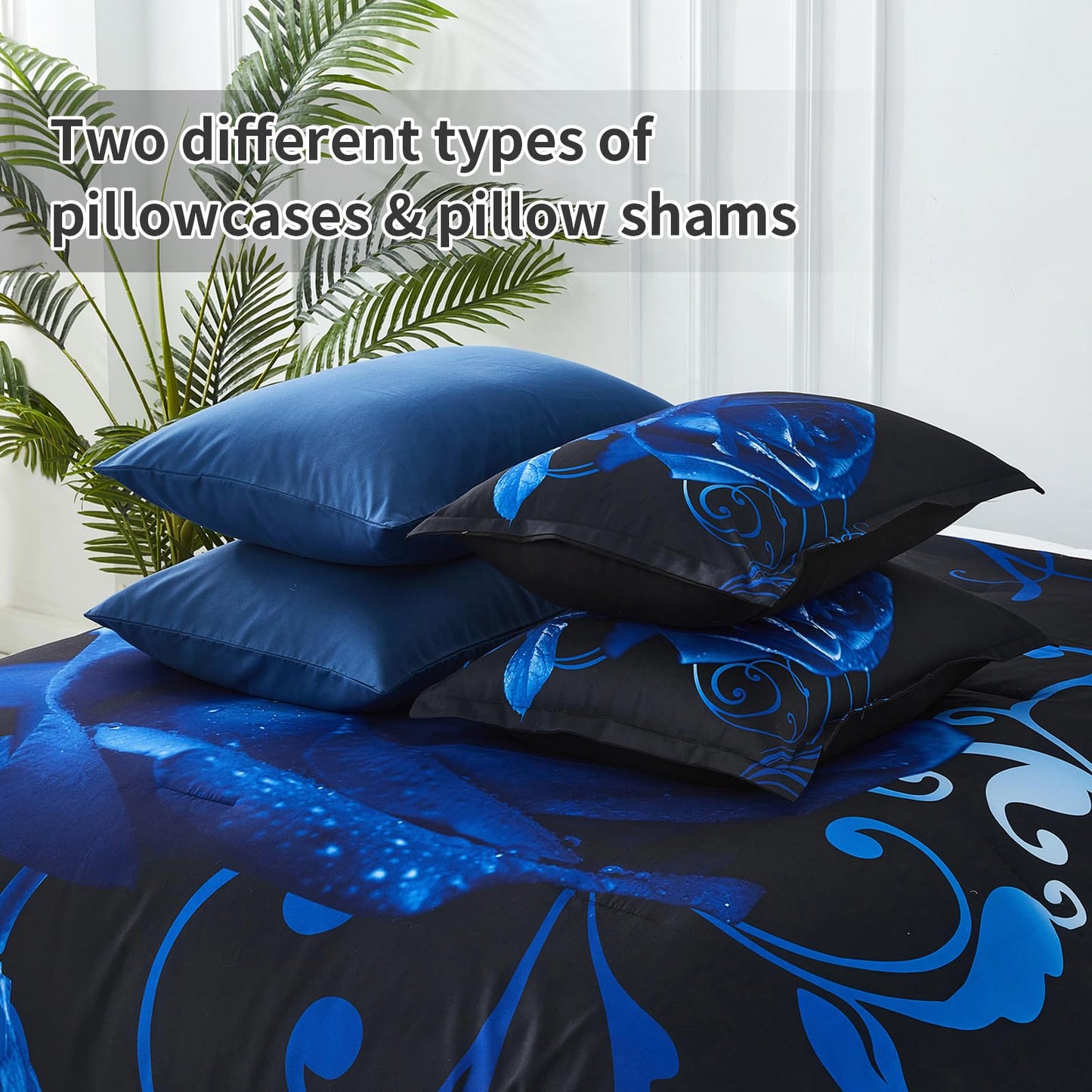 Xruibed Blue Comforter Set King 7 Piece Bed in a Bag Blue Rose Comforter with Sheet Set Soft Micorfiber Reversible Bedding Set (1 Comforter,2 Pillow Shams,1 Flat Sheet,1 Fitted Sheet,2 Pillowcases)