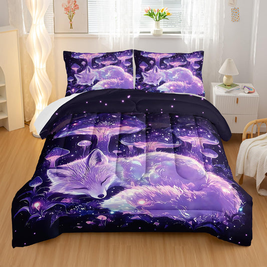 Nttopship Fox Comforter Bedding Set Queen Size,Cute Cartoon Forest Fox Printed Quilt Set for Kids Boys Girls, Cartoon Fantasy Mushrooms Comforter Set Wildlife Bedroom Decor