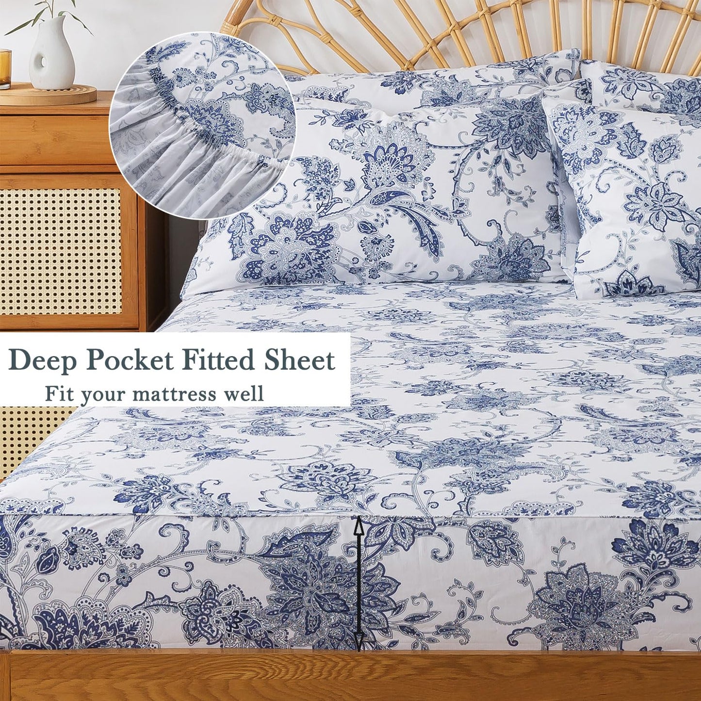FADFAY King Sheets Set Percale Cotton Floral Bed Sheets Deep Pocket Fitted Sheet, Luxury Blue Floral Pattern Classic European Style Bedding for All Season, Super Soft Crisp & Breathe,4Pcs