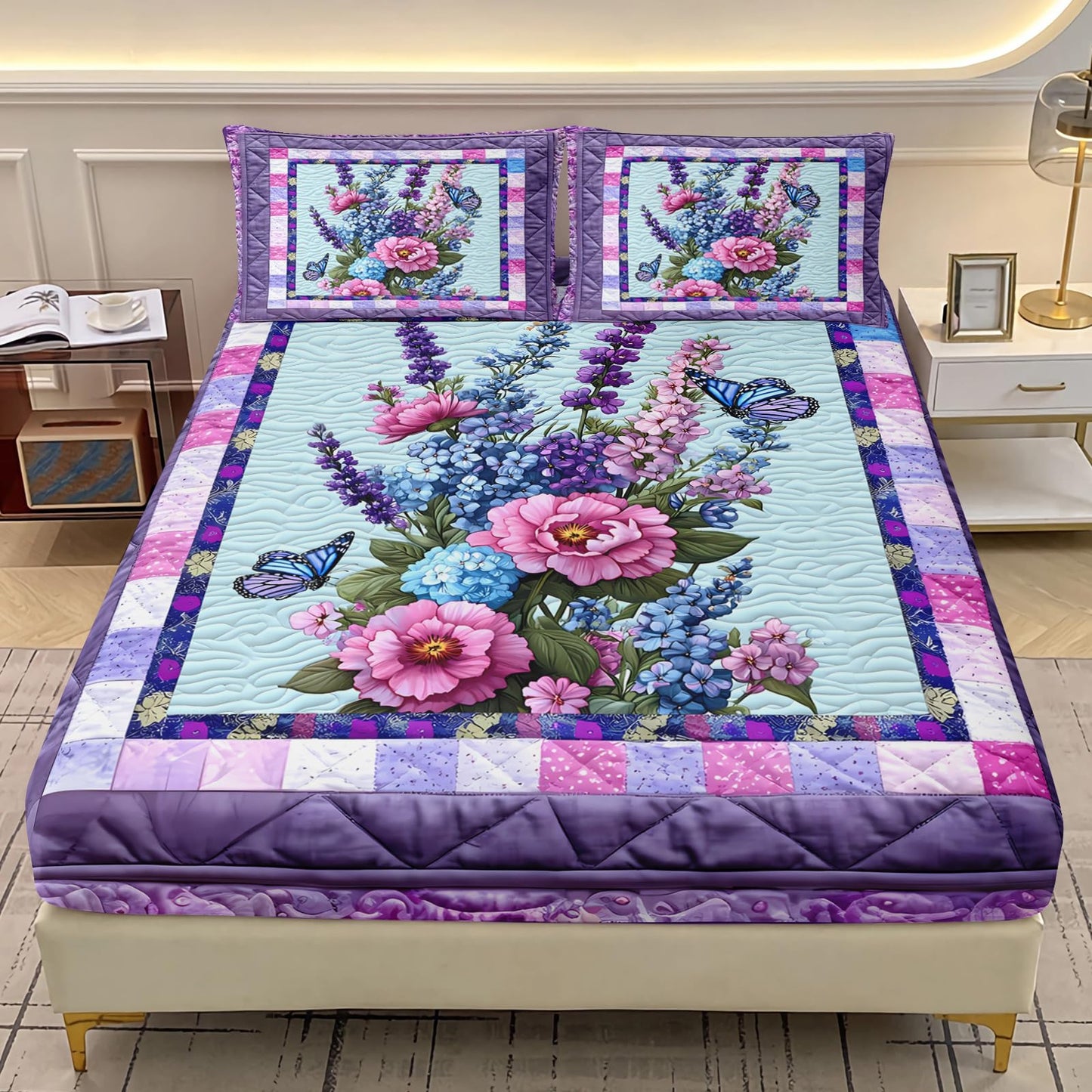 AILONEN Purple Floral Fitted Sheet Set Twin XL Size, Lavender Butterfly Bedding Set for Kids Teens Girls Women,Flower Plaid Bed Sheet Set,1 Fitted Sheet + 2 Pillowcases,3Pcs