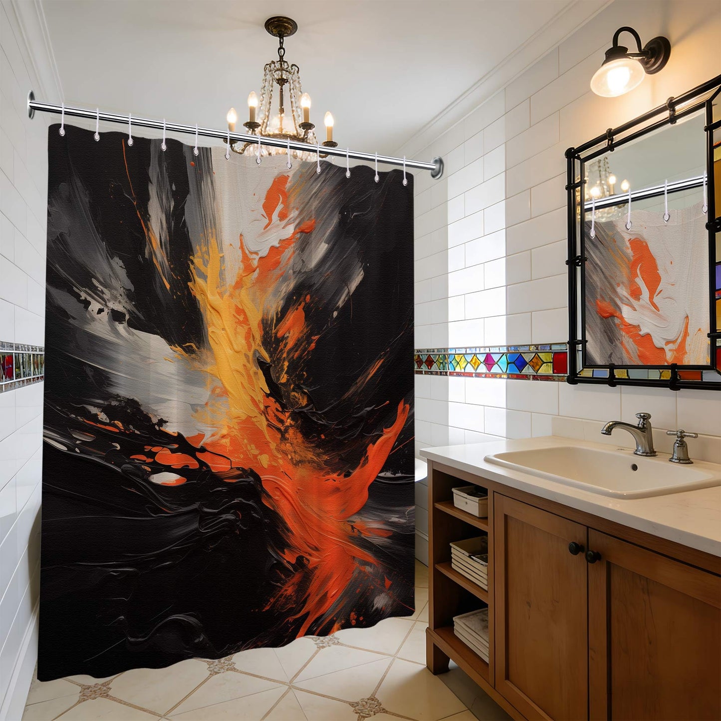 dueeia Orange and Black Shower Curtain Orange Abstract Art Painting Shower Curtains for Modern Bathroom Decor, Waterproof Fabric 70 x 72 inch with Hooks