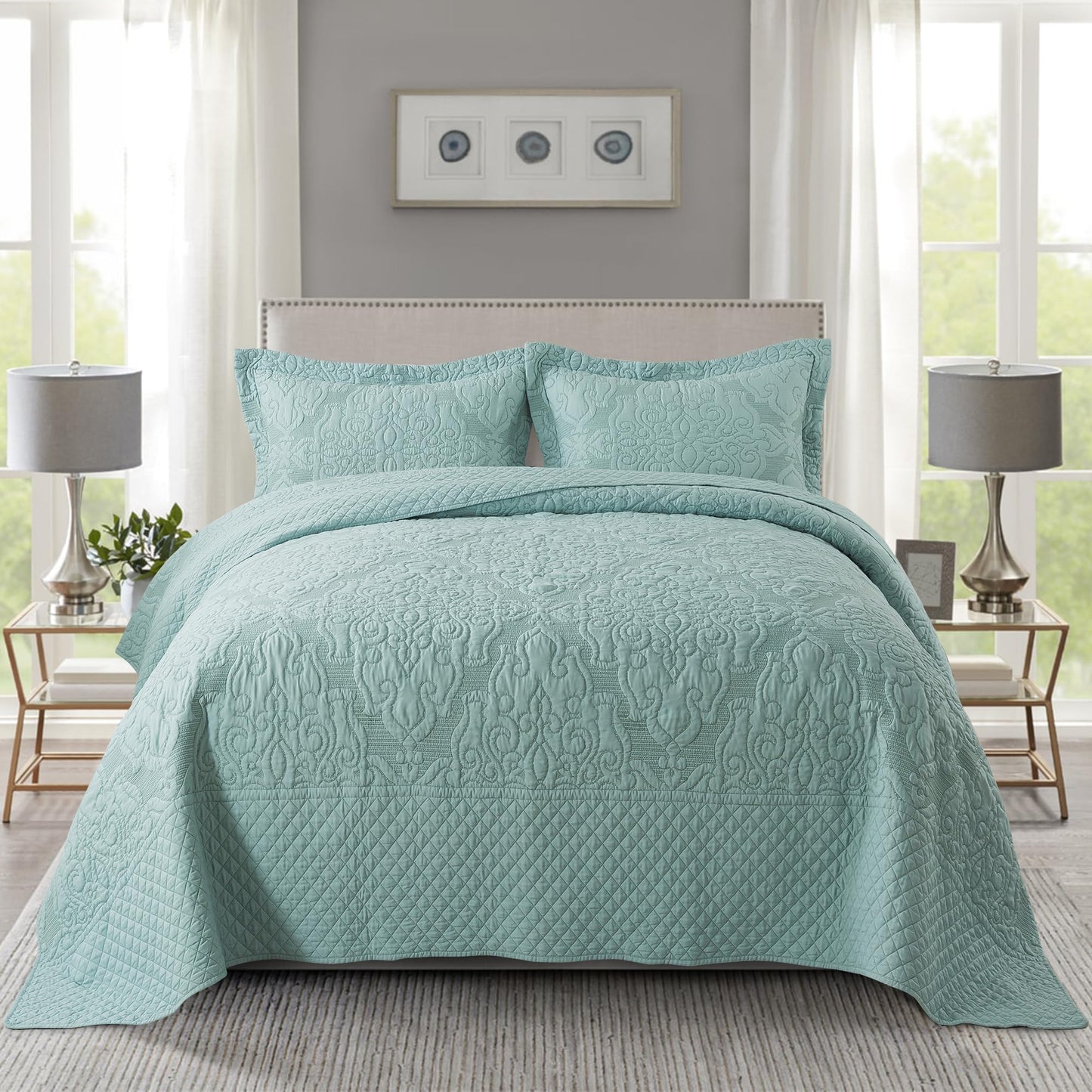 NEWLAKE Quilt Bedspread Set, Light Green Jacquard Embossed Floral Pattern Reversible Embroidered Microfiber Coverlet Sets, Queen Size