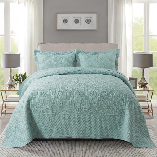 NEWLAKE Quilt Bedspread Set, Light Green Jacquard Embossed Floral Pattern Reversible Embroidered Microfiber Coverlet Sets, Queen Size