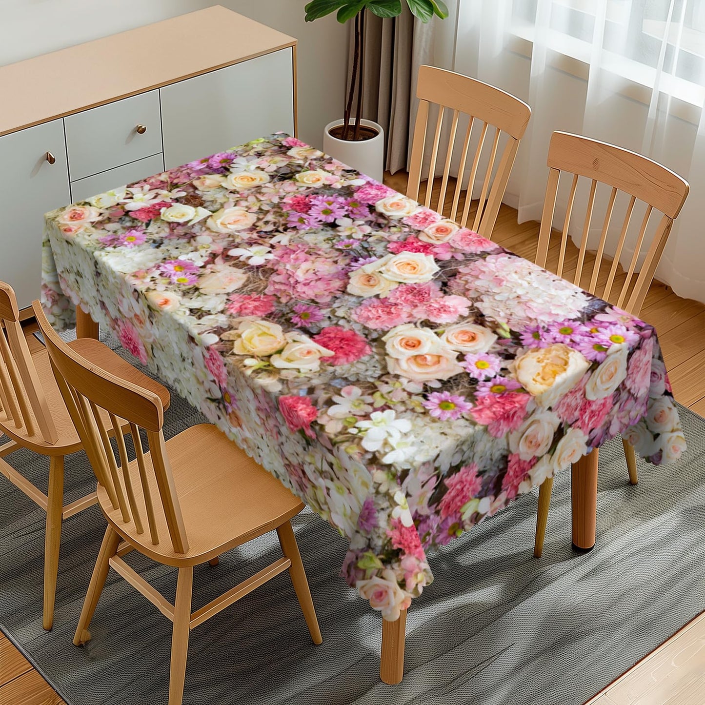 GOUROISE Blossom Beautiful Pink Flowers Rectangular Tablecloth, Rose 54x72 Inch Wavy Lace Border Polyester Table Cloth for Dining, Kitchen, Parties