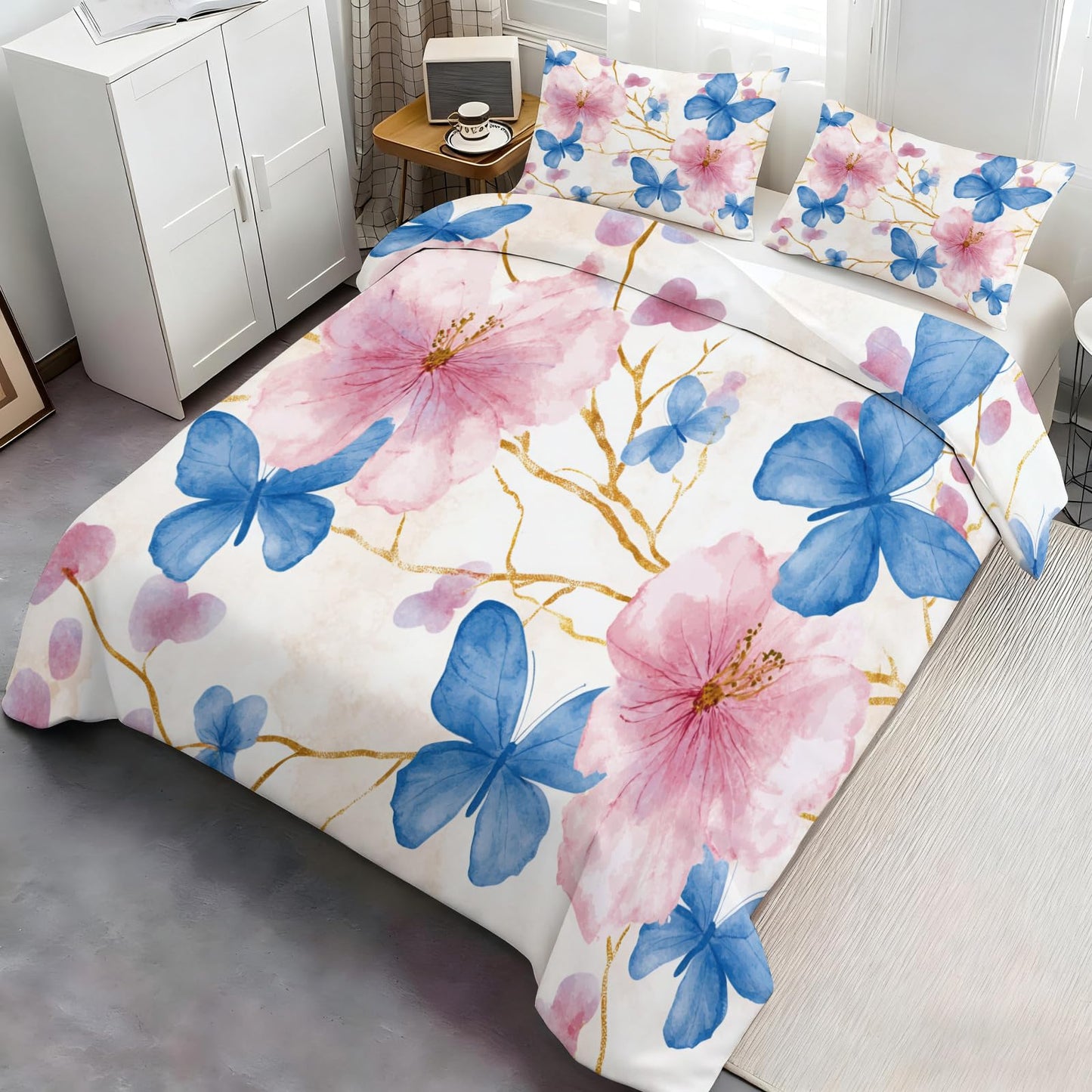 GKPLY Blue Butterfly Comforter Set, Watercolor Floral Duvet Cover King, Elegant Spring Bedding with 2 Pillowcases, Duvet Cover with Zipper, 3 Pieces, Reversible Cherry Branch Bedding Set