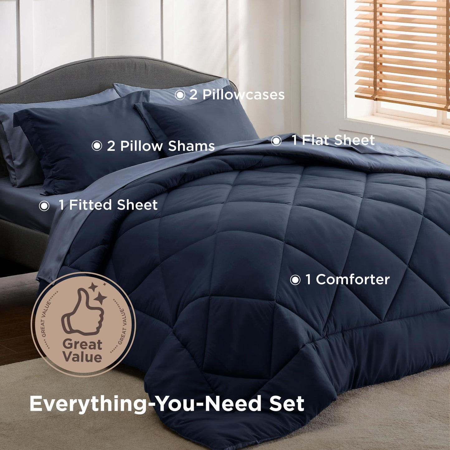 Bedsure Blue Queen Comforter Set - 7 Pieces Reversible Navy Blue Bed in a Bag, Blue Comforter Set Queen Size for All Seasons with 1 Flat Sheet, 1 Fitted Sheet, 2 Pillowcases and 2 Pillow Shams