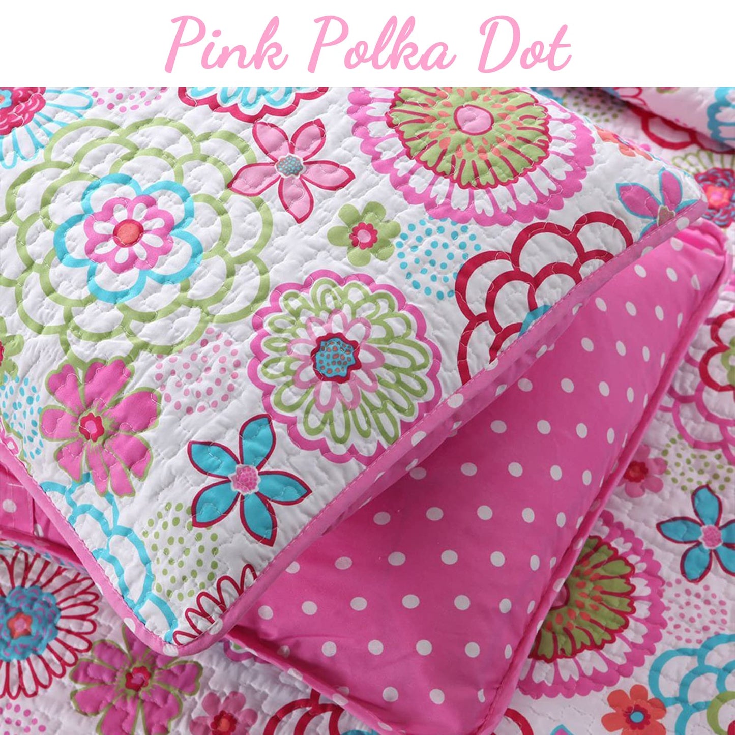 Cozy Line Home Fashions Pink Floral Polka Dot Colorful Reversible Quilt Bedding Set, Coverlet, Bedspreads for Girls (Mariah, Twin - 2 Piece)