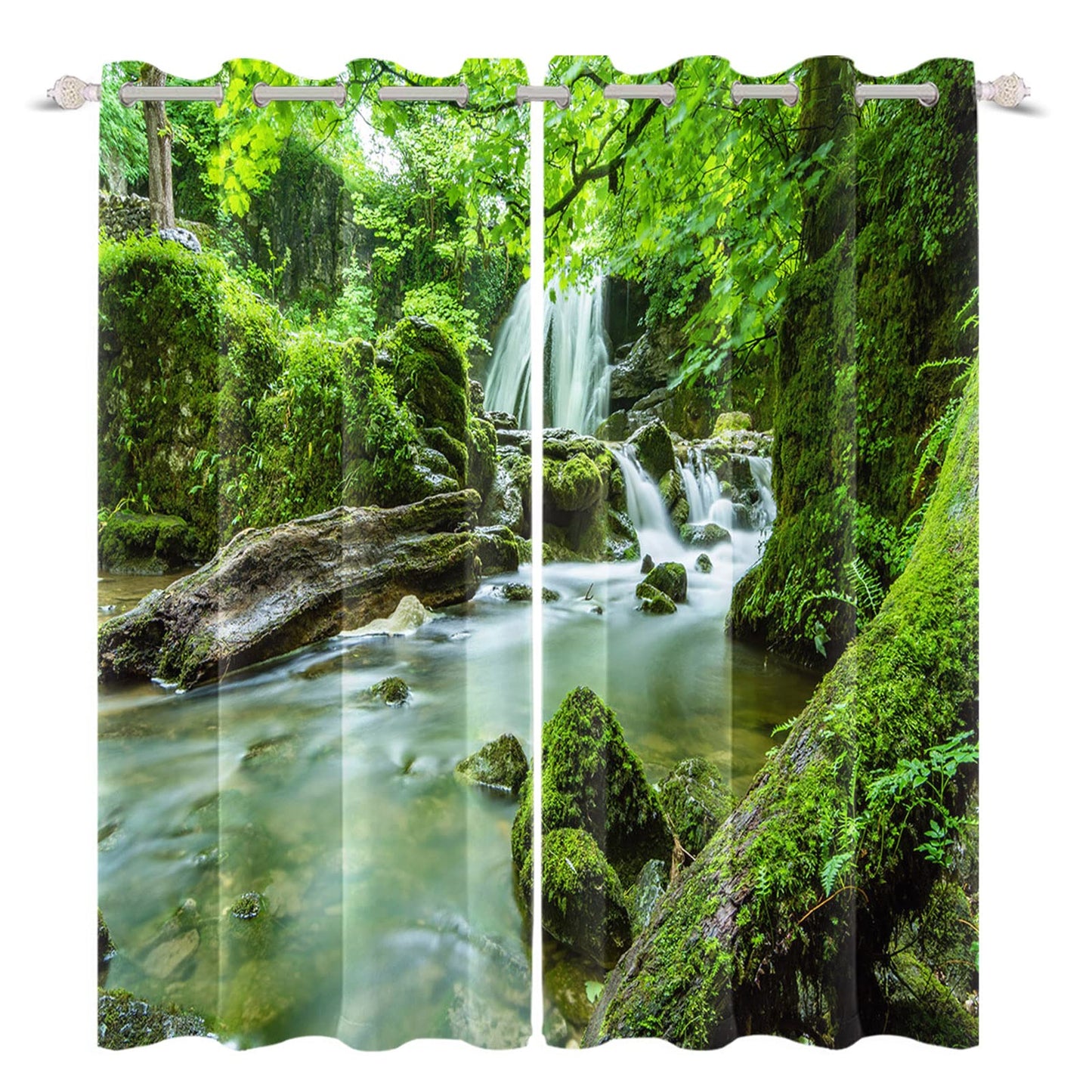 Leyiyi Waterfall Window Curtains Jungle Mountains Flowing Stream Waterfall Mossy Rocks Nature Scenery Blackout Curtains Jungle Forest Thermal Insulated Drapes for Bedroom 52x84 Inch,2 Panels