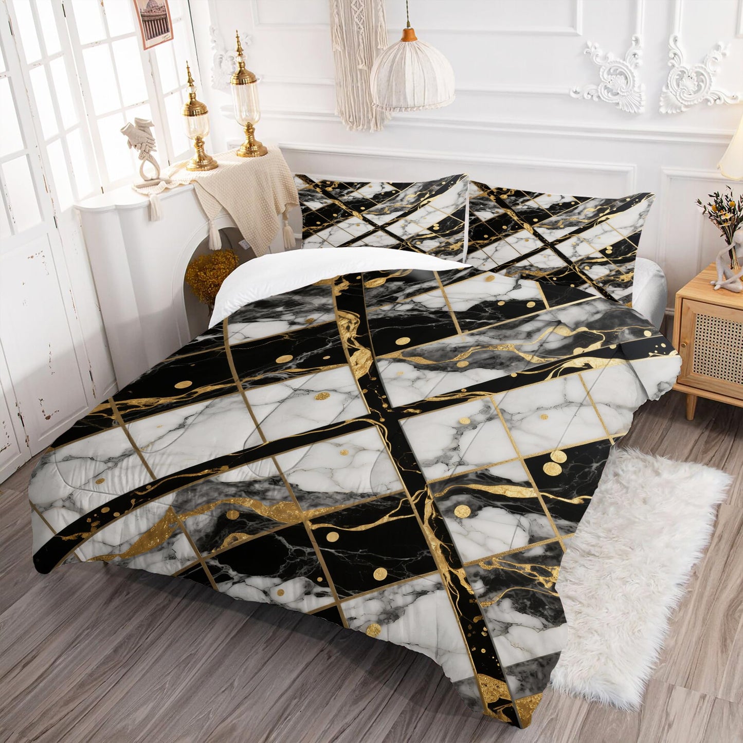 EDGZKO White Marble Comforter Set: Twin Size Geometric Black and Gold Bedding Sets Abstract Marbling Quilts for Teens Kids Modern Aesthetic Bed Set 1 Comforter & 1 Pillowcase
