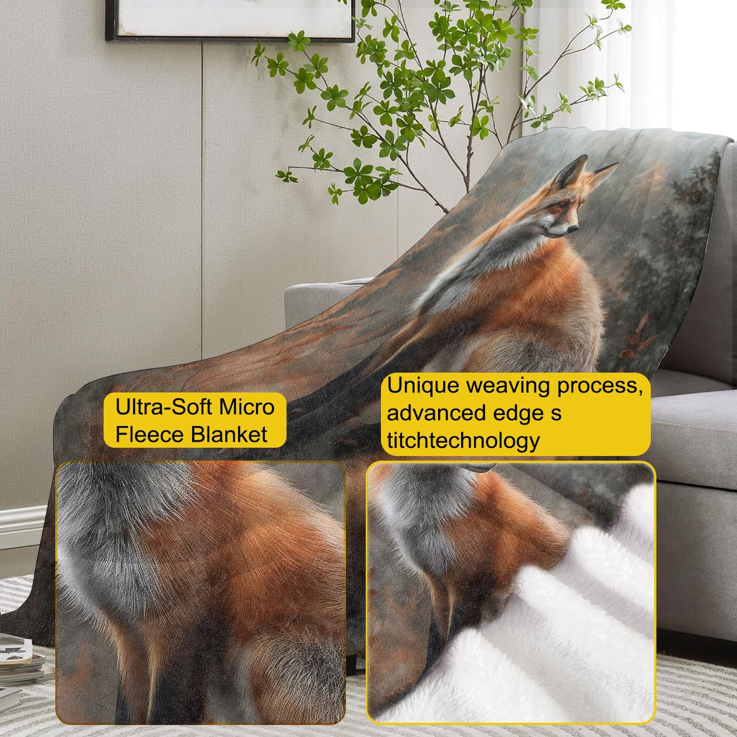 VANZEV Autumn Fox Blanket, 50"x60" Woodland Fox Flannel Fleece Throw for Kids & Adults, Ultra-Soft and Warm Home Decor Blanket, Fox Gifts