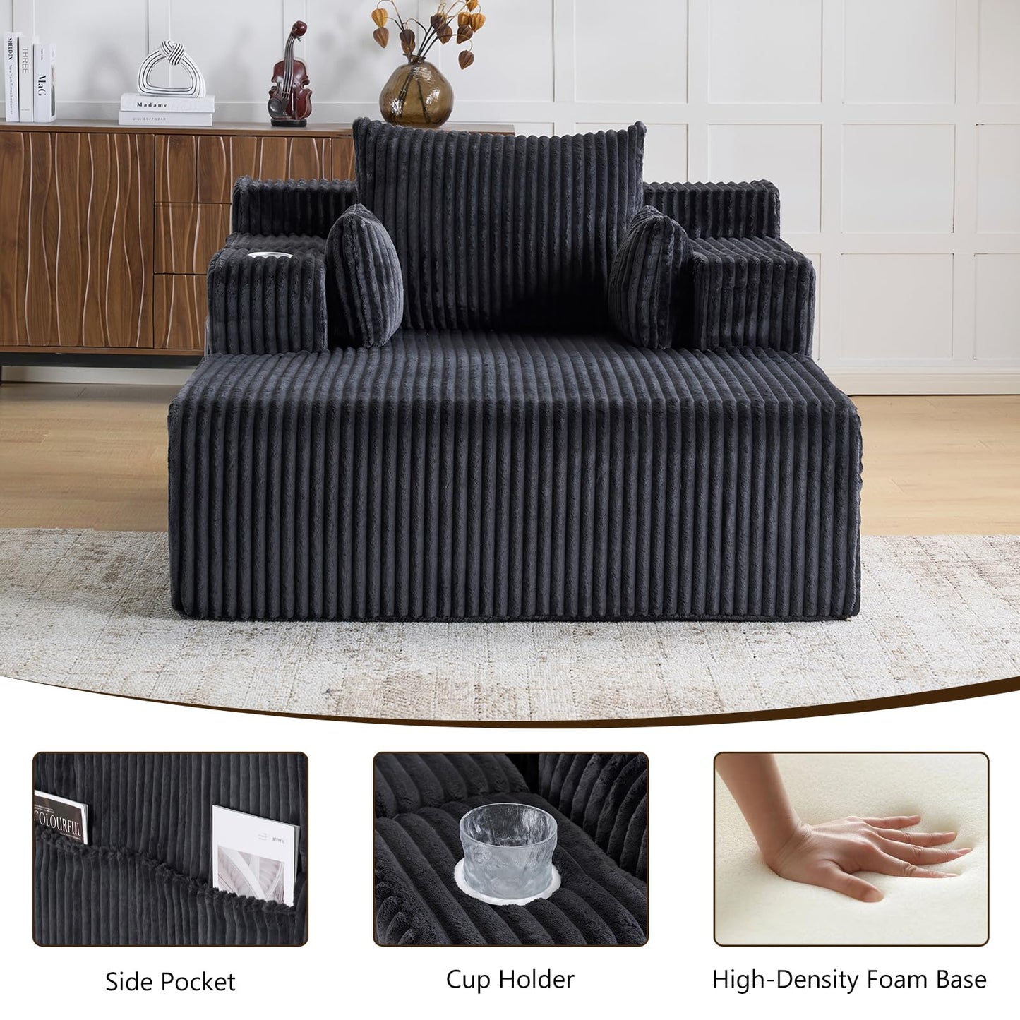 Furnimart 66" Oversized Chaise Lounge Indoor, Upholstered Sofa Bed with 1 Cup Holders & 4 Side Pockets, No Assembly Required Corduroy Reading Chair, Small Couches for Small Spaces, Grey