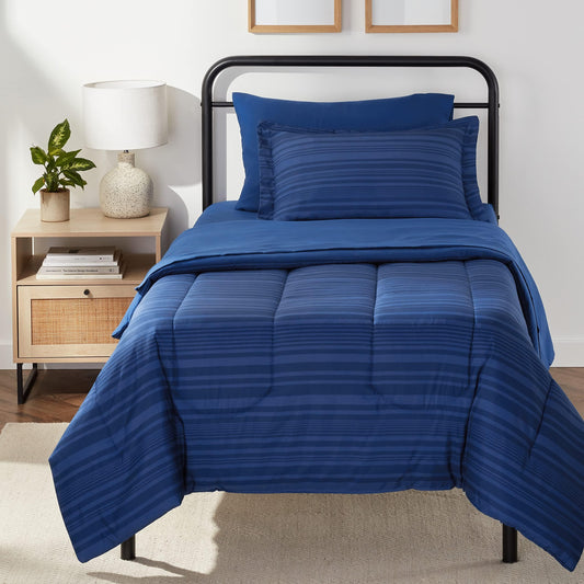 Amazon Basics Twin/Twin XL Comforter Set with Sheets, 5-Piece Blue Calvin Striped Bedding, Lightweight Microfiber Bed-in-a-Bag, Machine Washable