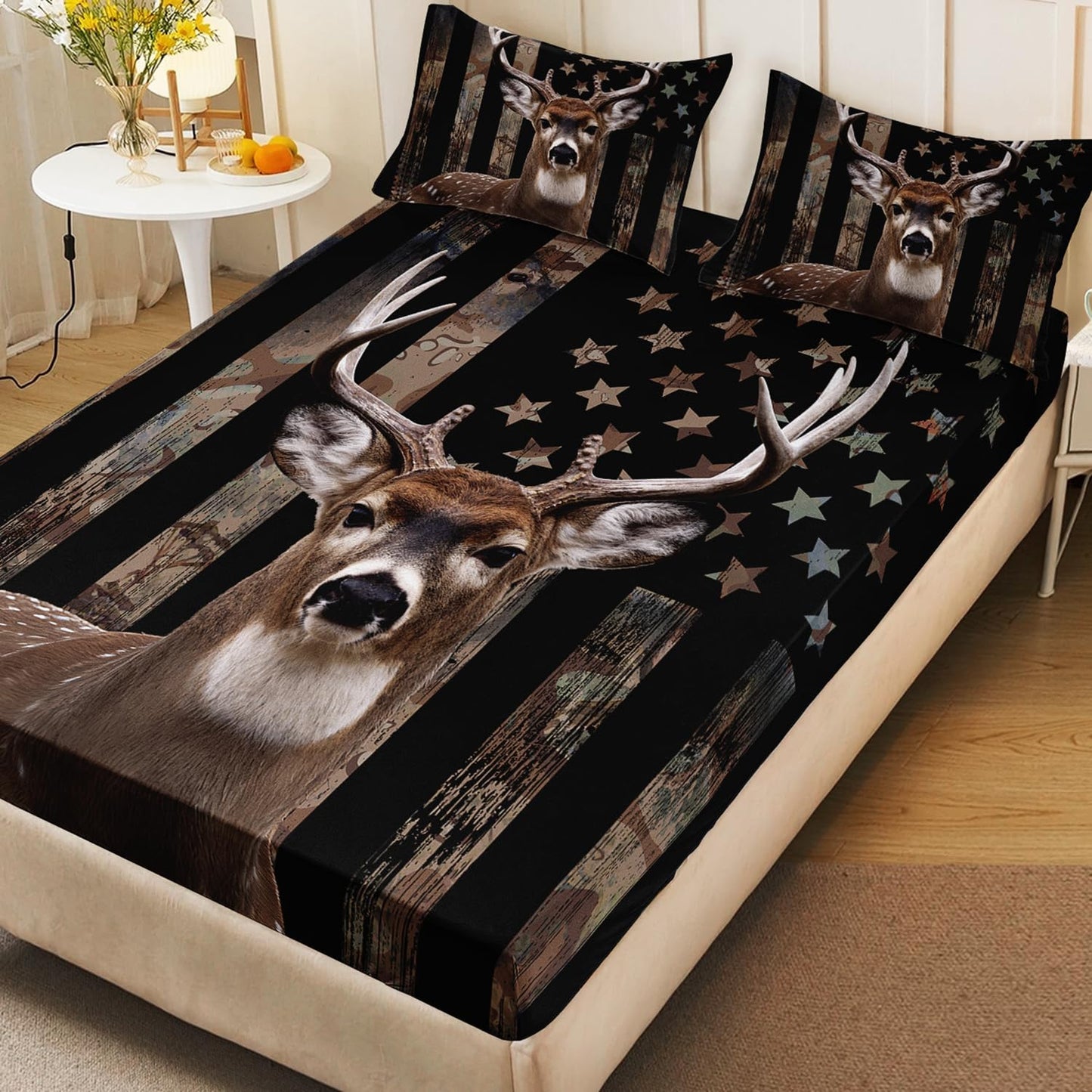 HOSIMA Deer Hunting Camo Bedding,Hunter Bedding Set American Flag Fitted Sheet Set Twin Size for Adult Teen Boy Bedroom Decor,1 Fitted Sheet+2 Pillowcases.