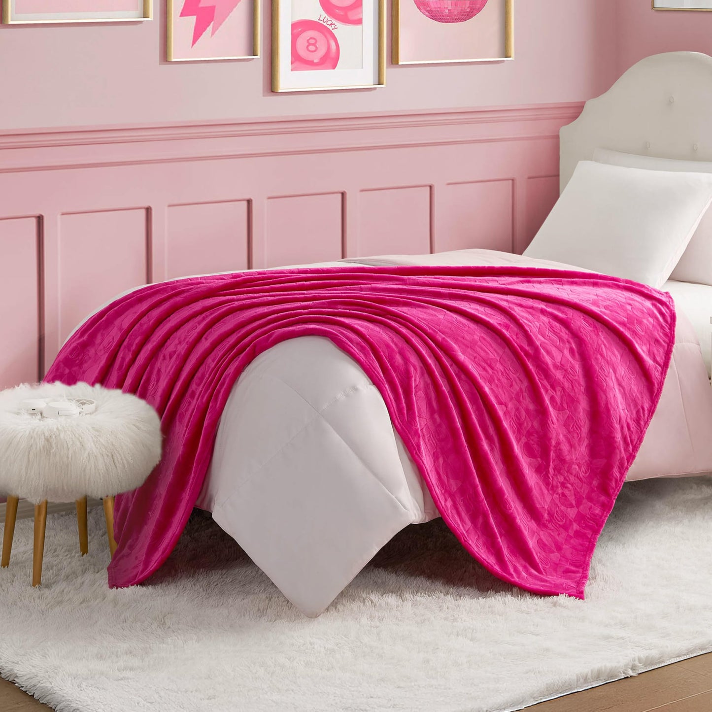 Juicy Couture Embossed Heart 50" x 70" Plush Throw Blanket, Hot Pink - Decorative Blankets for Sofas, Throws for Chairs, and Beds