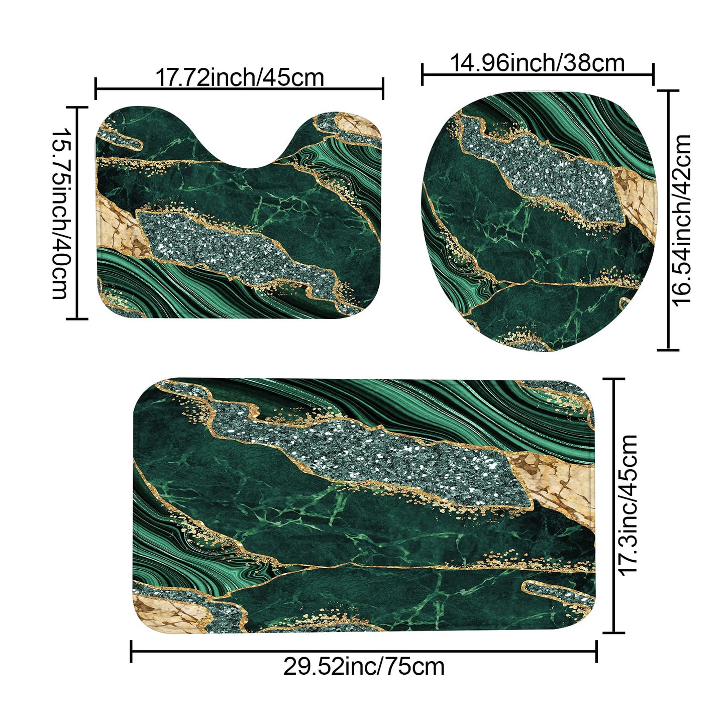 EMHOME 4PCS Marble Shower Curtain Sets, Modern Bathroom Sets With Toilet Lid Rug, Contour and Bath Mat, Luxury Bathroom Decor with 12 Hooks, 72 x 72 Inch, Green