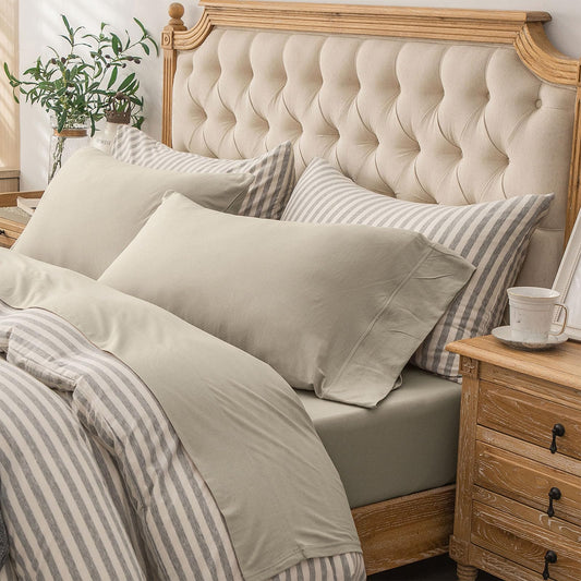 PURE ERA Jersey Knit 4pc Bed Sheet Set 100% T-Shirt Heather Cotton Super Soft Comfy Breathable Fits Mattress Up to 20" Extra Deep Pocket (Dark Beige,Queen)