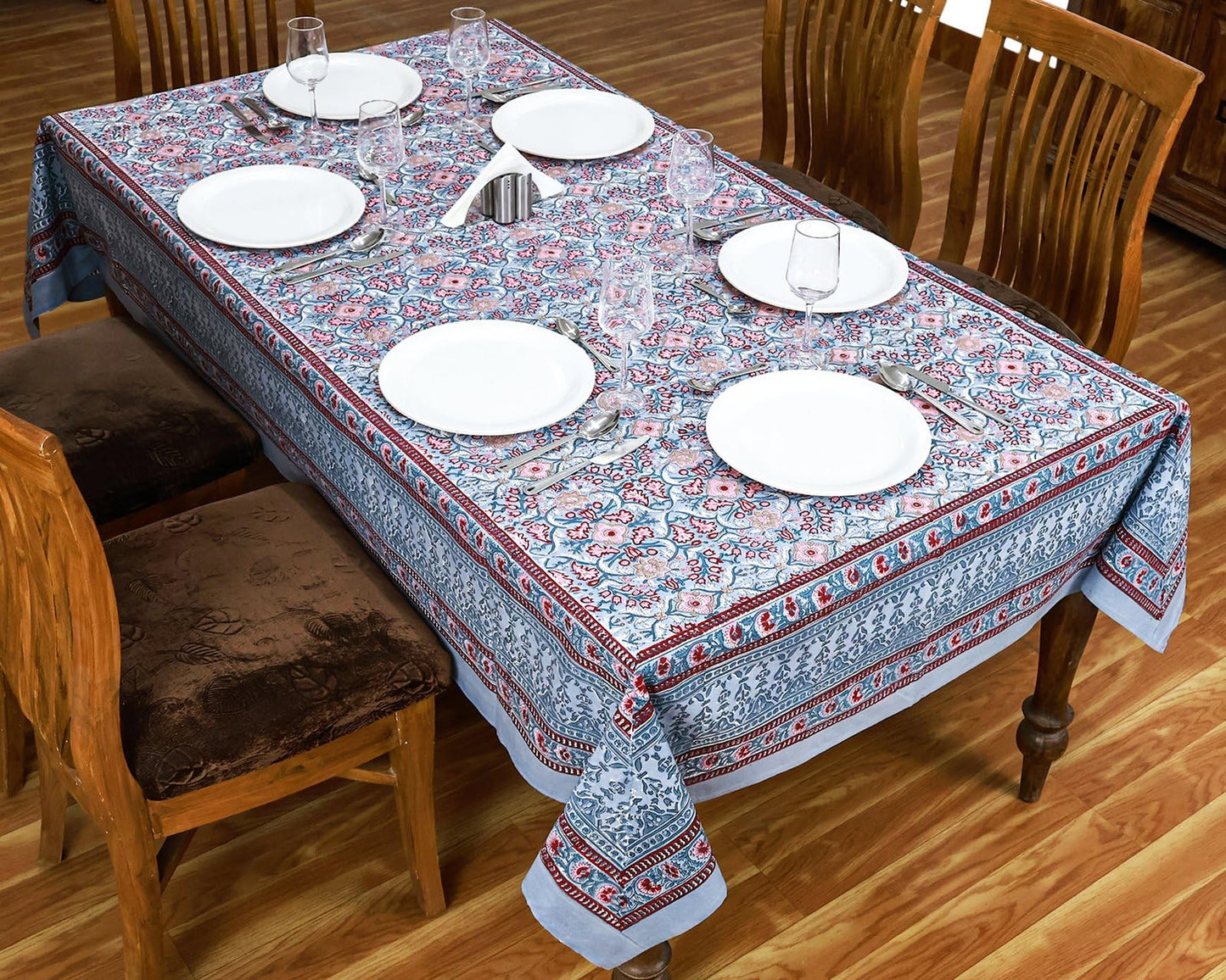 72x108 Inches Rectangle Hand Block Printed Cotton Tablecloth, Red Grey Floral Table Cloths Washable, Indian Table Linen for Outdoor Thanksgiving Gifts Home Decor Dinning Outdoor