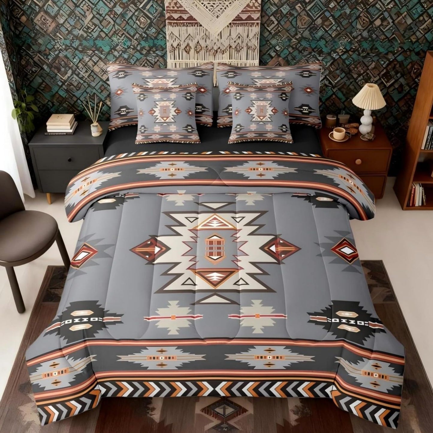 Erosebridal Western Comforter Set 7 Piece Bed in a Bag Twin | Bohemian Decor Geometric Bedding Sets Boho Aztec Comforter and Sheet Set, Ethnic Tribal Arrow Bed Sets,Grey