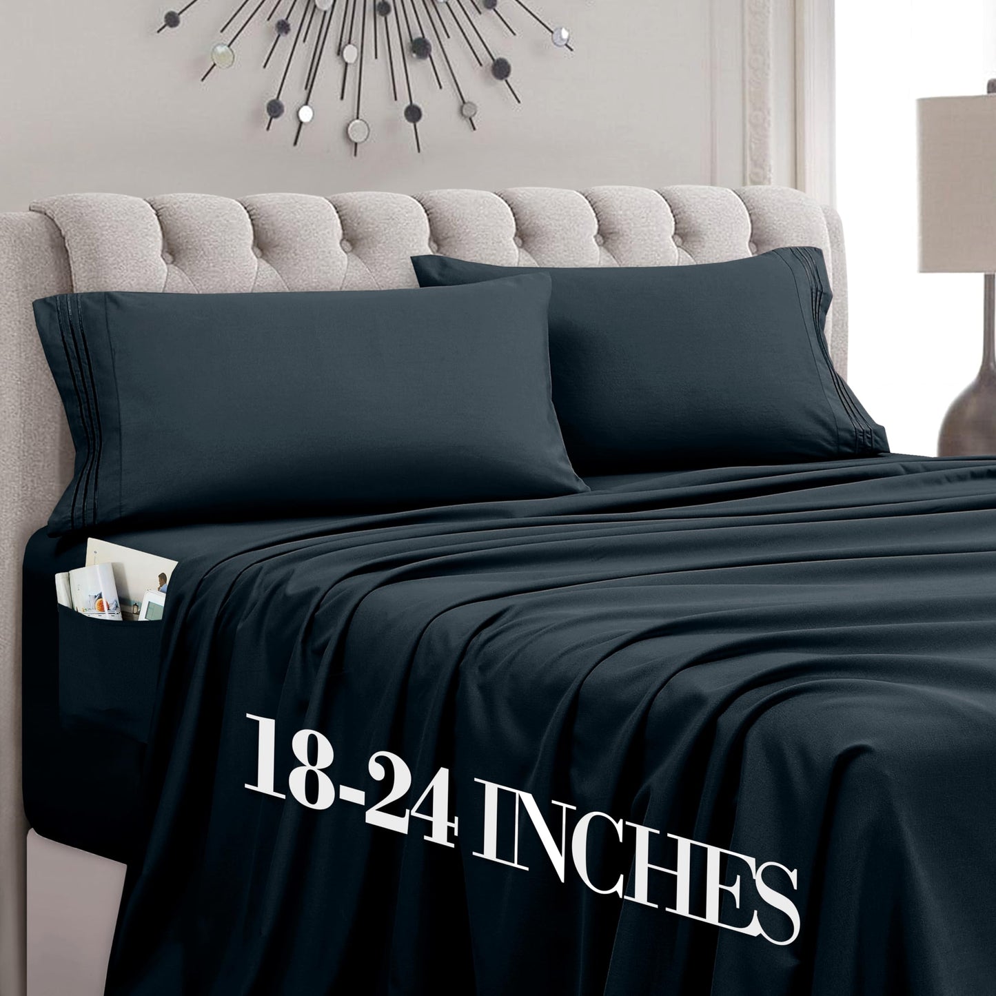 Mocassi Full Size 4-Piece Bed Sheet Set - 1800 Premium Hotel Quality Microfiber 18-24 Inches Extra Deep Pocket Fitted Sheet- Luxury Soft, Breathable, Wrinkle, and Fade Resistant, Black
