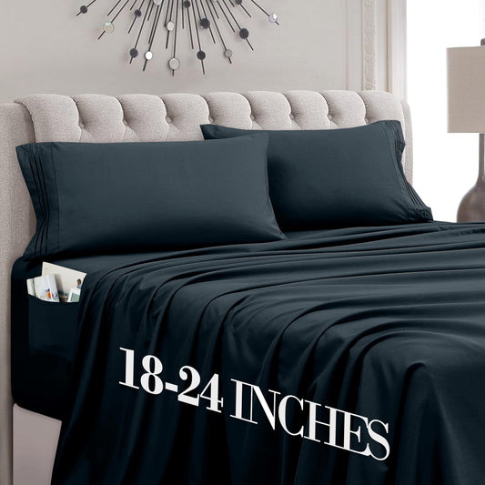Mocassi Full Size 4-Piece Bed Sheet Set - 1800 Premium Hotel Quality Microfiber 18-24 Inches Extra Deep Pocket Fitted Sheet- Luxury Soft, Breathable, Wrinkle, and Fade Resistant, Black