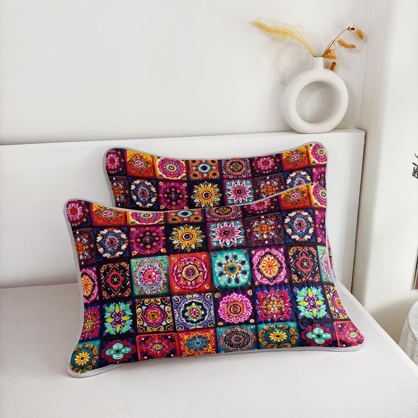 AILONEN Boho Floral Quilt Set King Size, Colorful Mandala Bohemian Ethnic Flower Bedspread Coverlet,Microfiber Bed Cover 3Pcs,2 Pillowcases