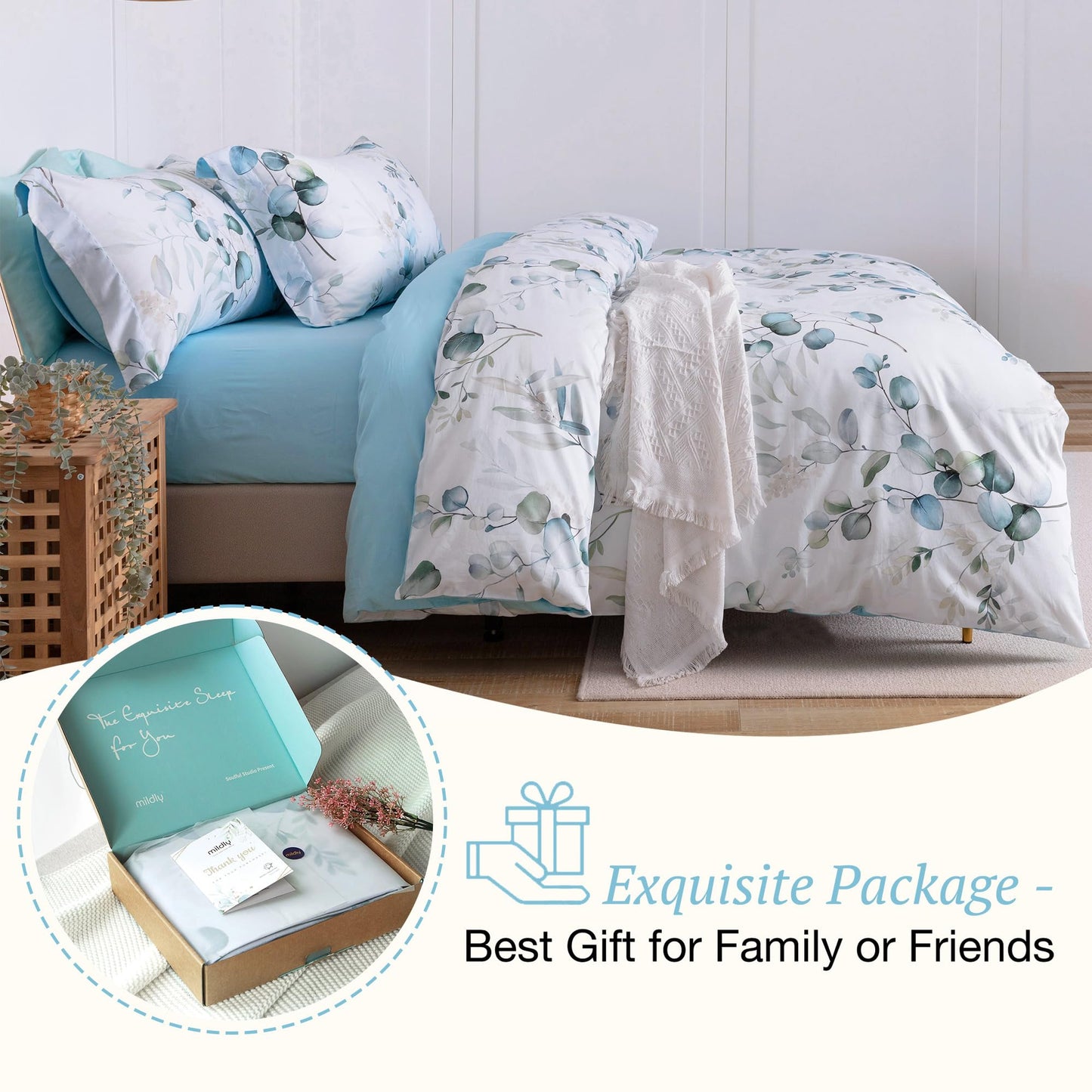 MILDLY 100% Long-Staple Cotton Duvet Cover Set Baby Blue Teal Gradient Leaf Pattern Printed Comforter Cover 3pcs, Ultra Soft & Breathable Bedding Set