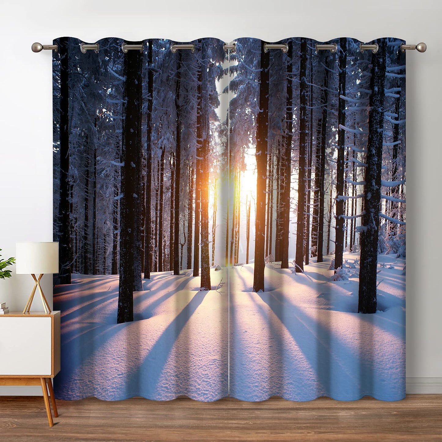 Jekeno Forest Woodland Blackout Curtains Winter Snowy Trees in The Cold Weather Sunset Landscape Nature Scenery Decor for Bedroom Living Room Grommet Window Drapes 2 Panel Set, 52"x84"