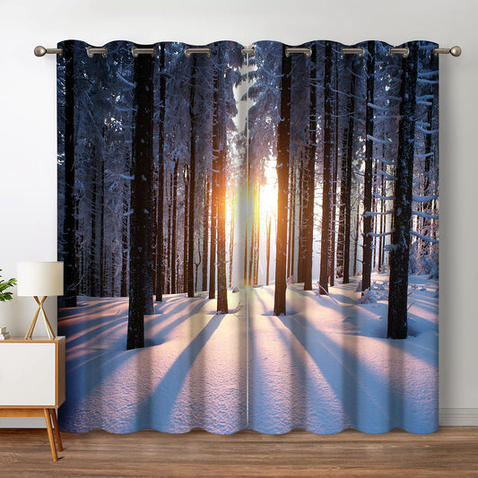 Jekeno Forest Woodland Blackout Curtains Winter Snowy Trees in The Cold Weather Sunset Landscape Nature Scenery Decor for Bedroom Living Room Grommet Window Drapes 2 Panel Set, 52"x84"