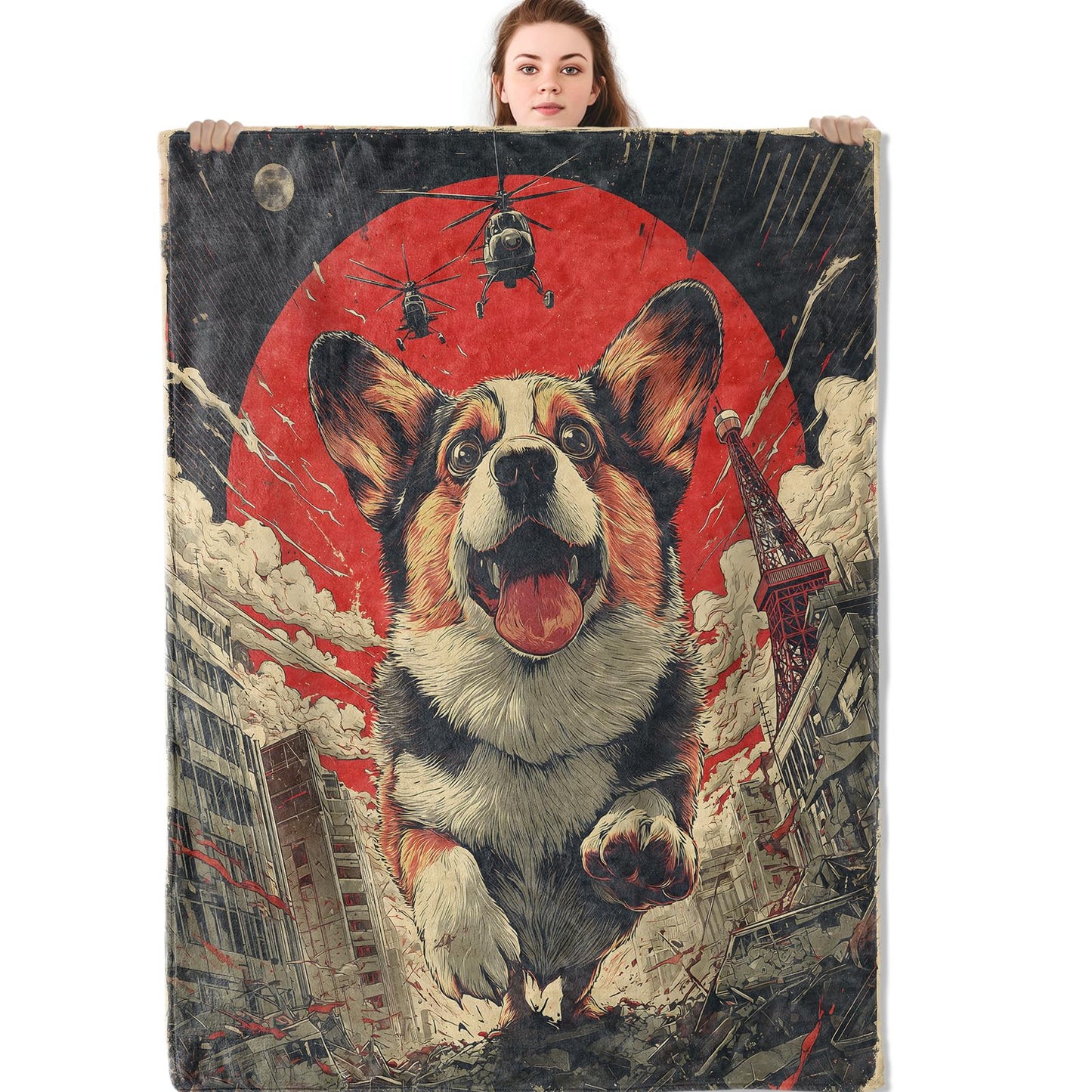 Mniedc Corgi Monster City Blanket, Funny Dog Flannel Throw Blankets, 50"x60", Soft Warm Lightweight Fuzzy Cozy Throws for Couch Bed Sofa Living Room Travel Decorative Gifts for Pet Lover Kids Boys