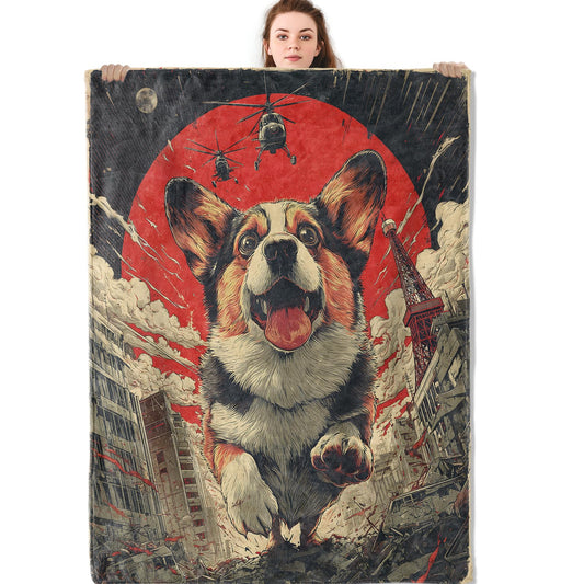 Mniedc Corgi Monster City Blanket, Funny Dog Flannel Throw Blankets, 50"x60", Soft Warm Lightweight Fuzzy Cozy Throws for Couch Bed Sofa Living Room Travel Decorative Gifts for Pet Lover Kids Boys