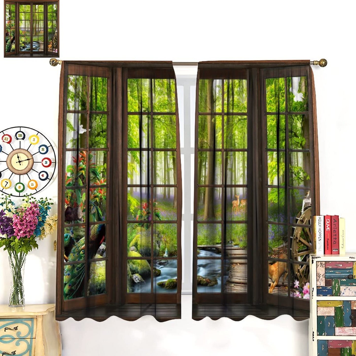 AuiMzoo Landscape Curtains, 3D Window Spring Forest Wildlife Nature Scenery, Bedroom Living Room Blackout Thermal Curtains 2 Panel Set, 42x45 Inch, Style-4