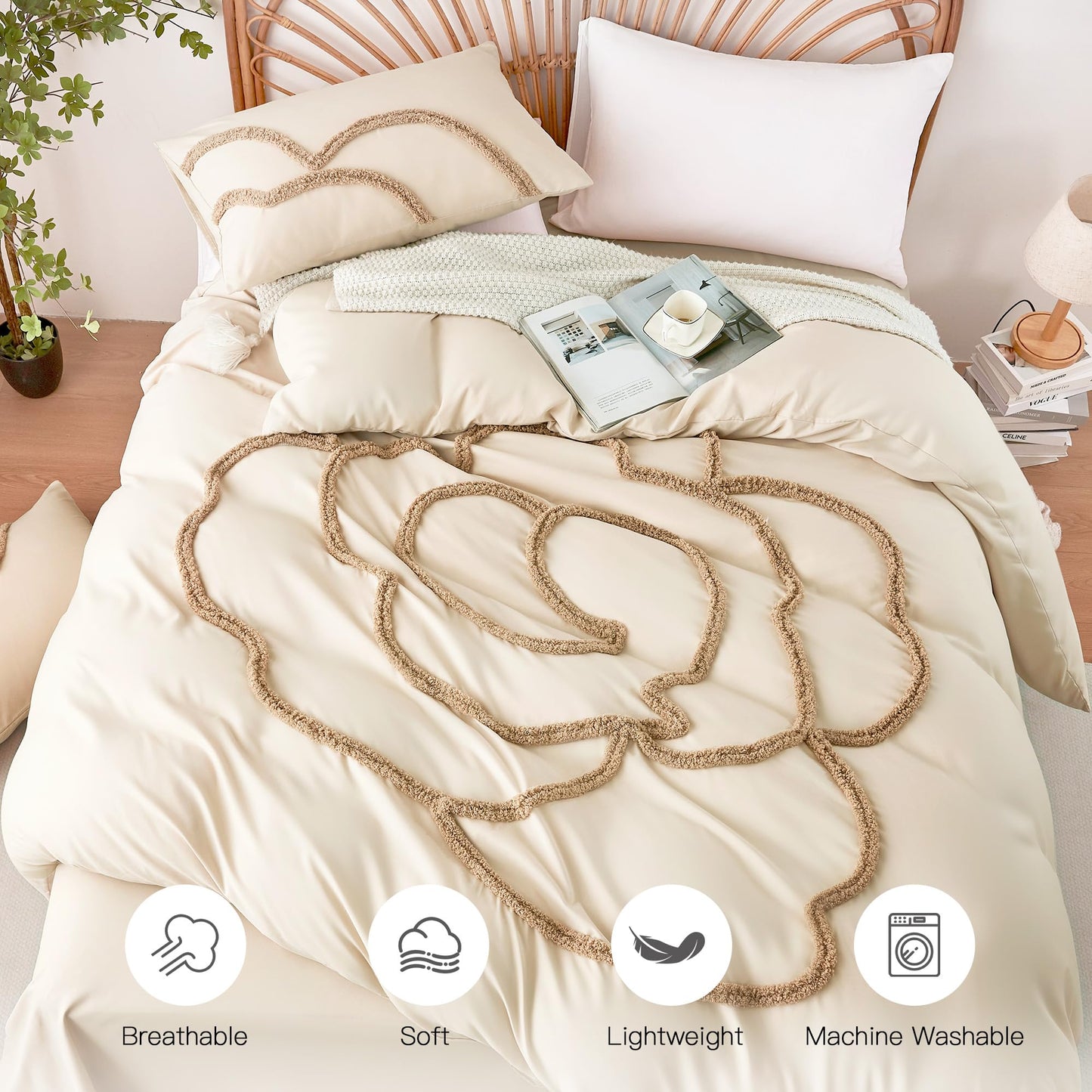 Ubo&Heng'er Duvet Cover Queen Size, 3 Pieces Duvet Covers Set, Boho Tufted Comforter Sets with Zipper Closure, Soft Breathable Floral Bedding Set for All Seasons(Beige, Queen, 90"x90")