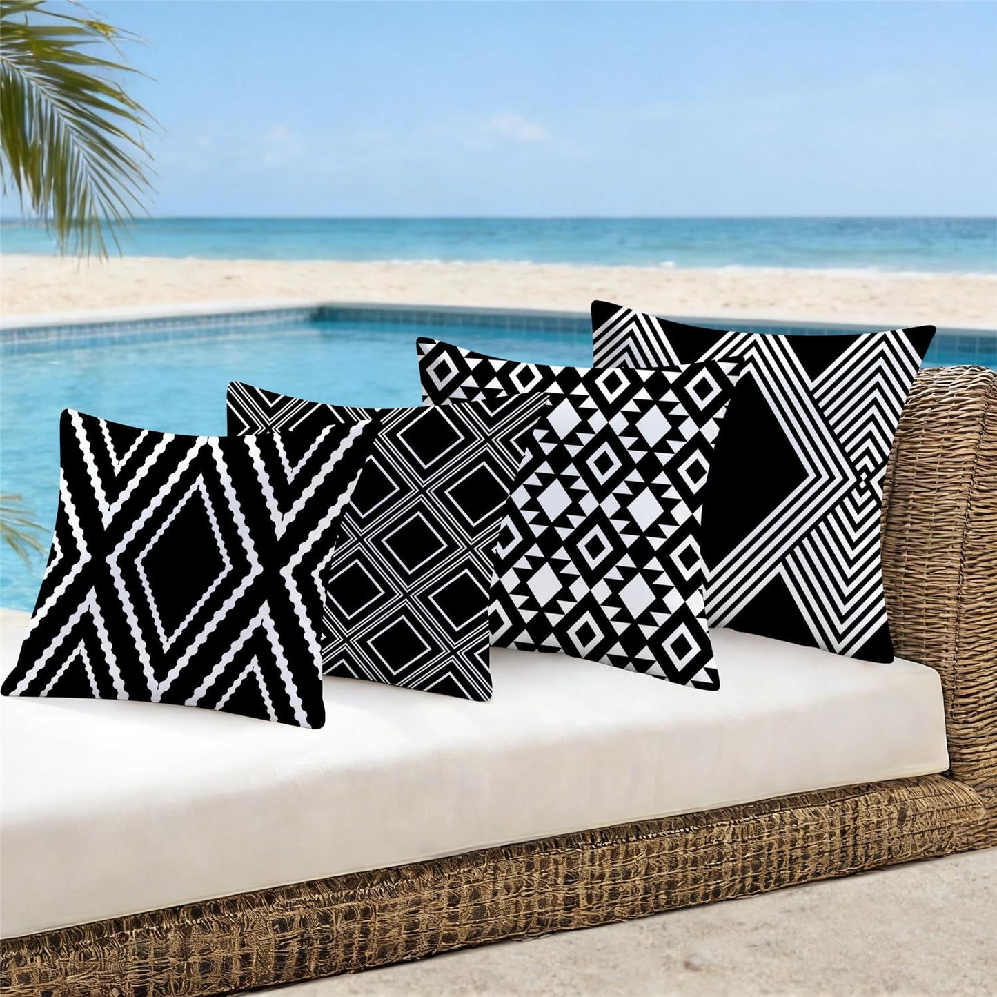 NIGHTWISH Outdoor Waterproof Pillow Covers 18x18 Set of 4 Black and White Modern Geometry Decorative Outdoor Throw Pillows Boho Cushion Cases for Patio Furniture Bench Couch Sunbrella