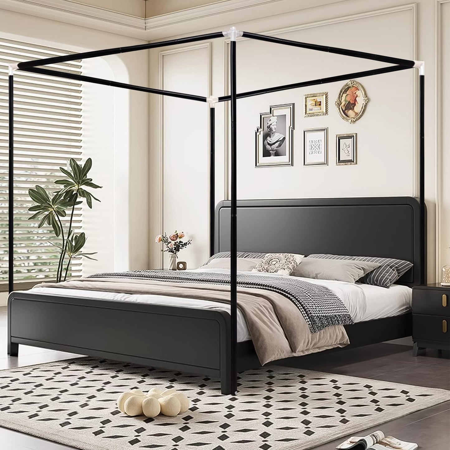 Jondow Stainless Steel Canopy Bed Frame King Size, Sturdy Post Poles Thicken King Size Canopy Frame for Metal Bed Wood Bed Bedroom Decor, Black