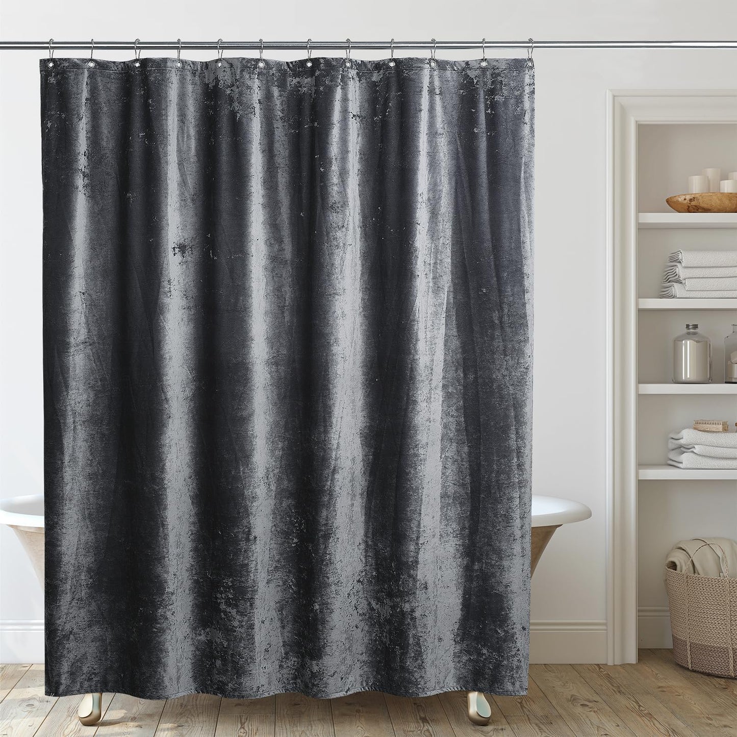 TAMGHO Crushed Velvet Shower Curtain, Grey, 72x72 Inches, Waterproof Gray Velvet Fabric with Nickel Hooks, Machine Washable